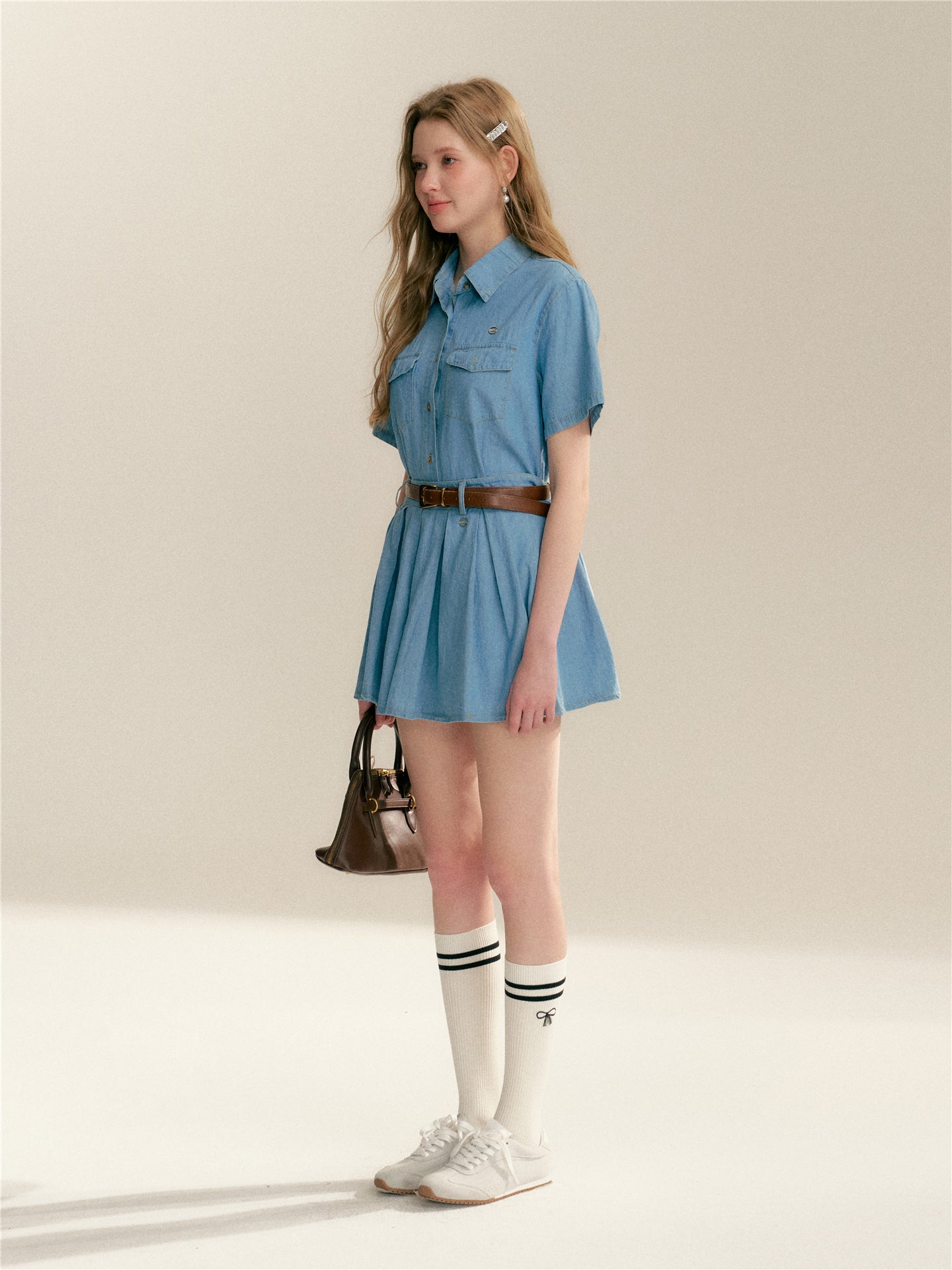 16DEWS 16D24084 Soft denim short sleeved shirt + skirt set