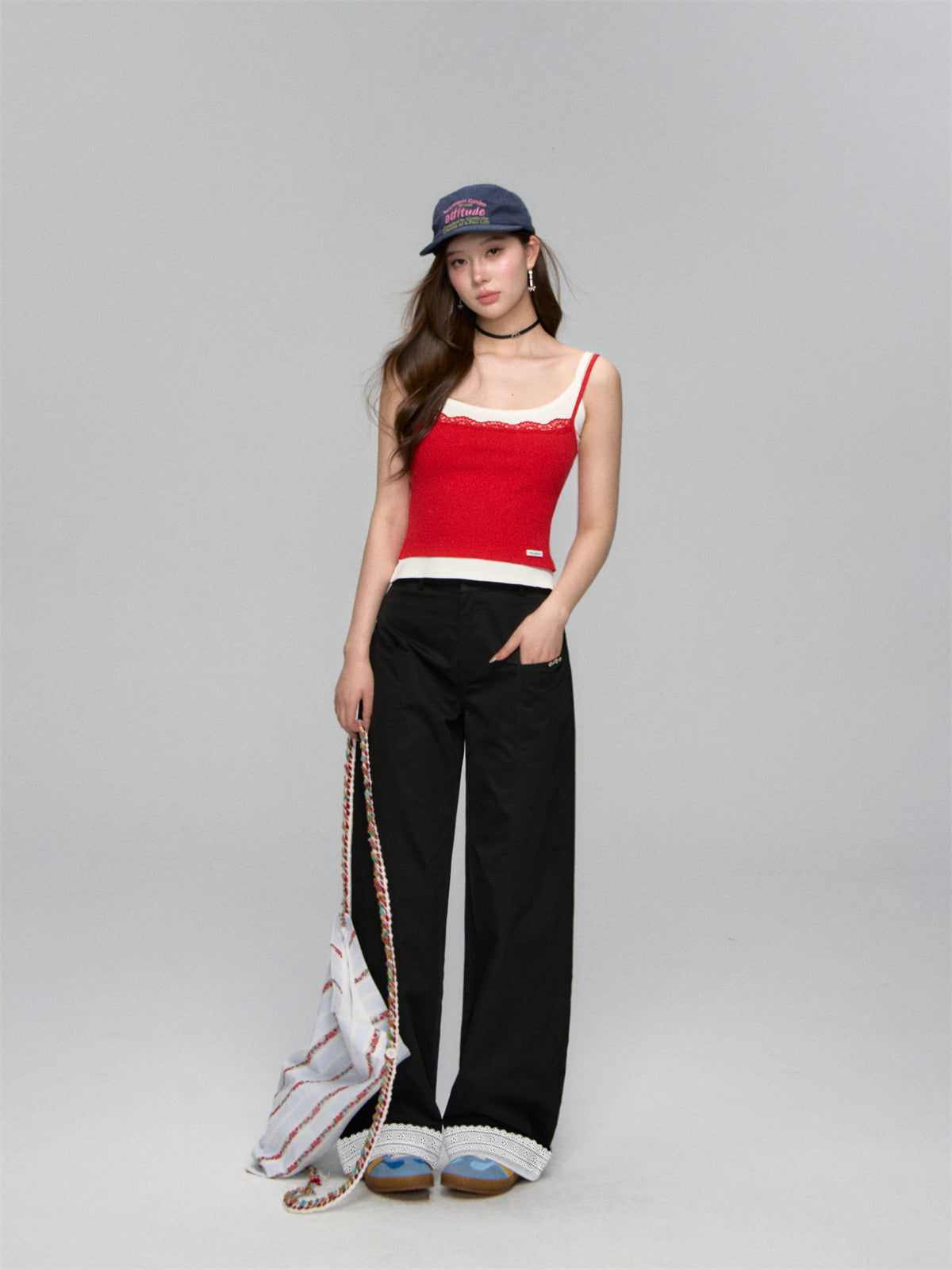 AsGony ASG25158 Flanging lace loose casual pants