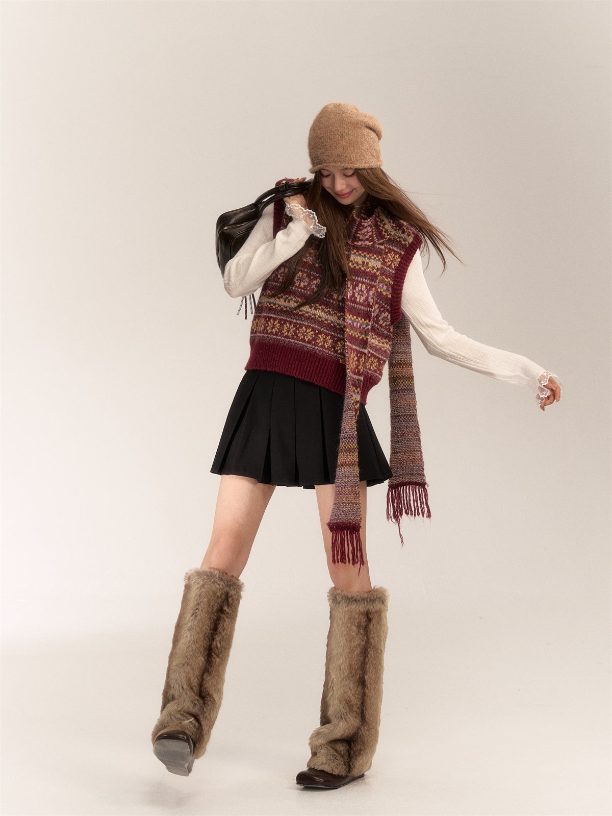 AsGony ASG24618 Fair Isle wool-blend vest and scarf set