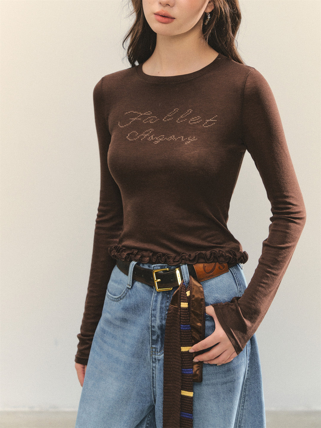 AsGony ASG25362 Cross stitch printed black fungus edge base t-shirt
