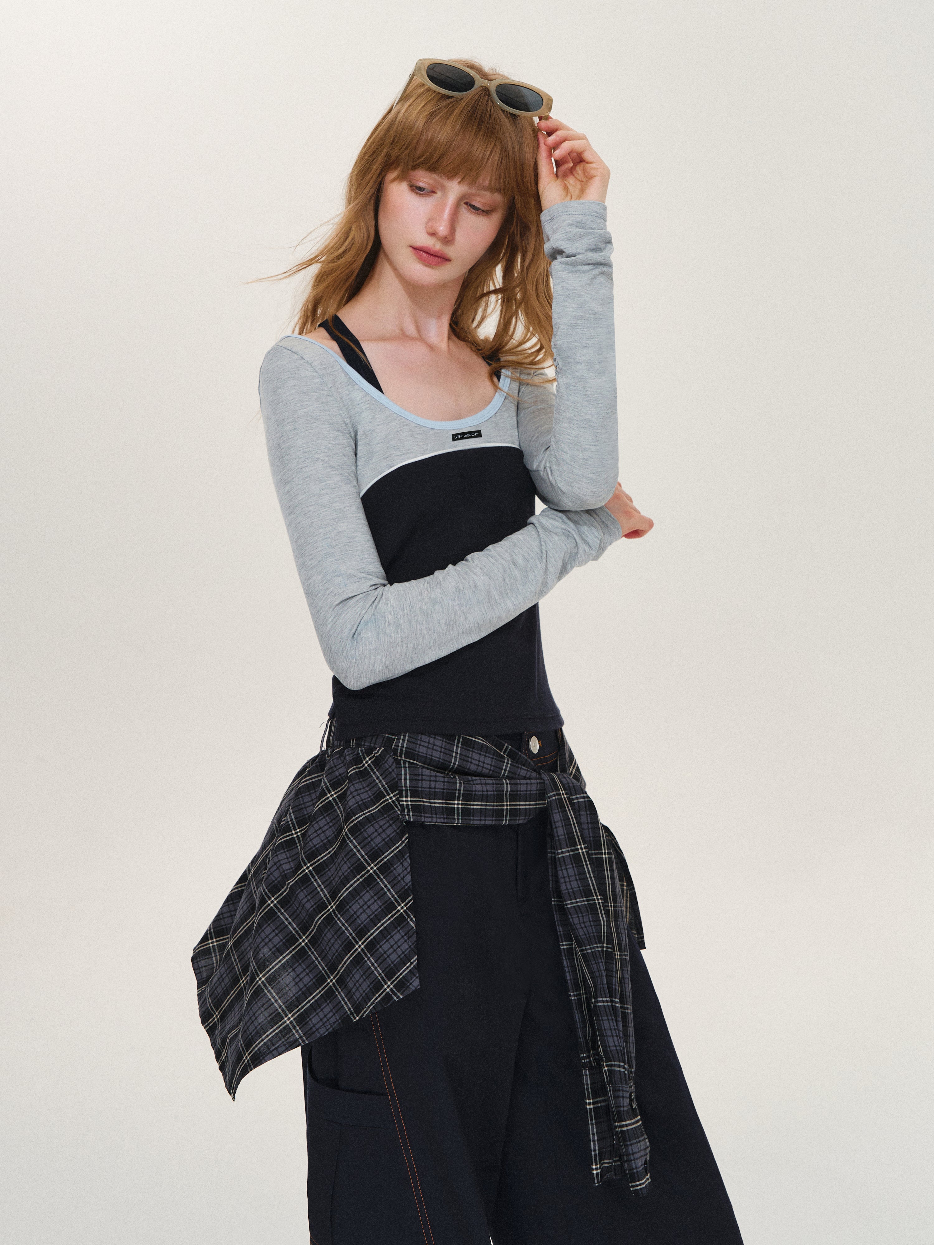 Asgony ASG26614 Ballet-Core U-Neck Faux Layered Top