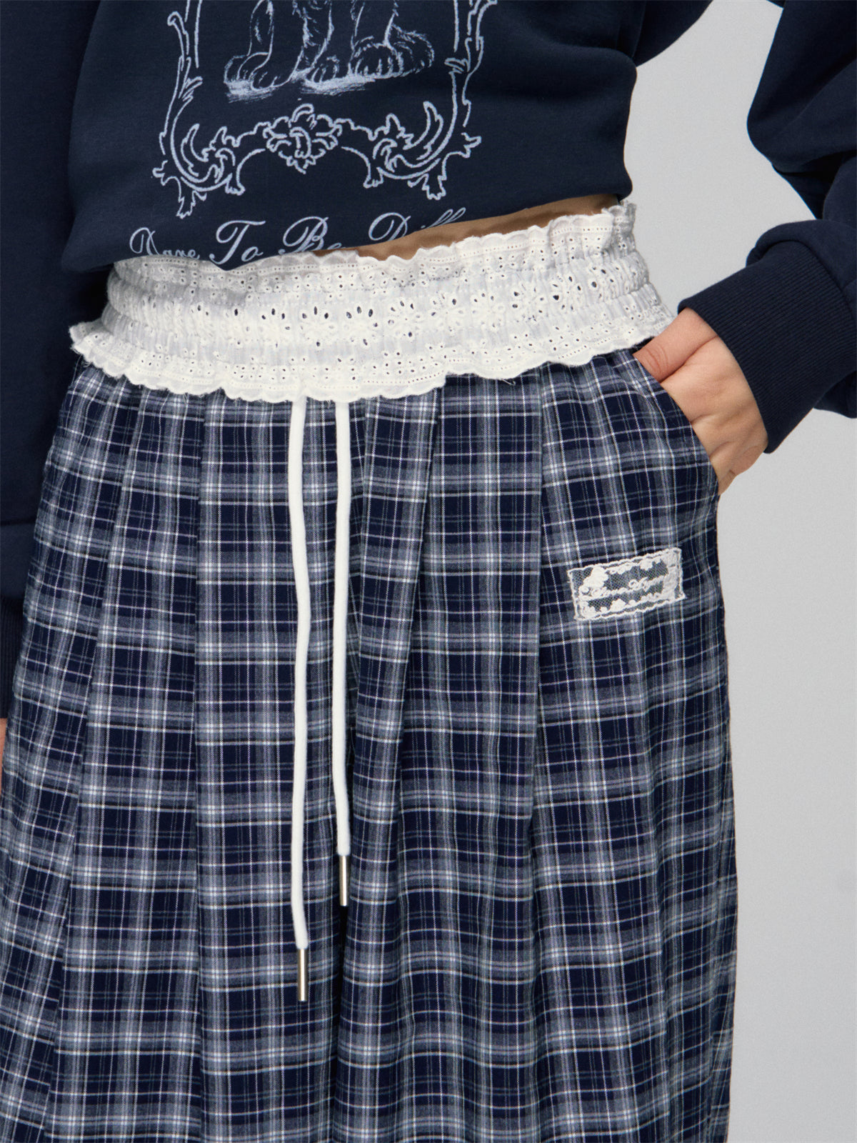 AsGony ASG24746Lace plaid wide leg pants