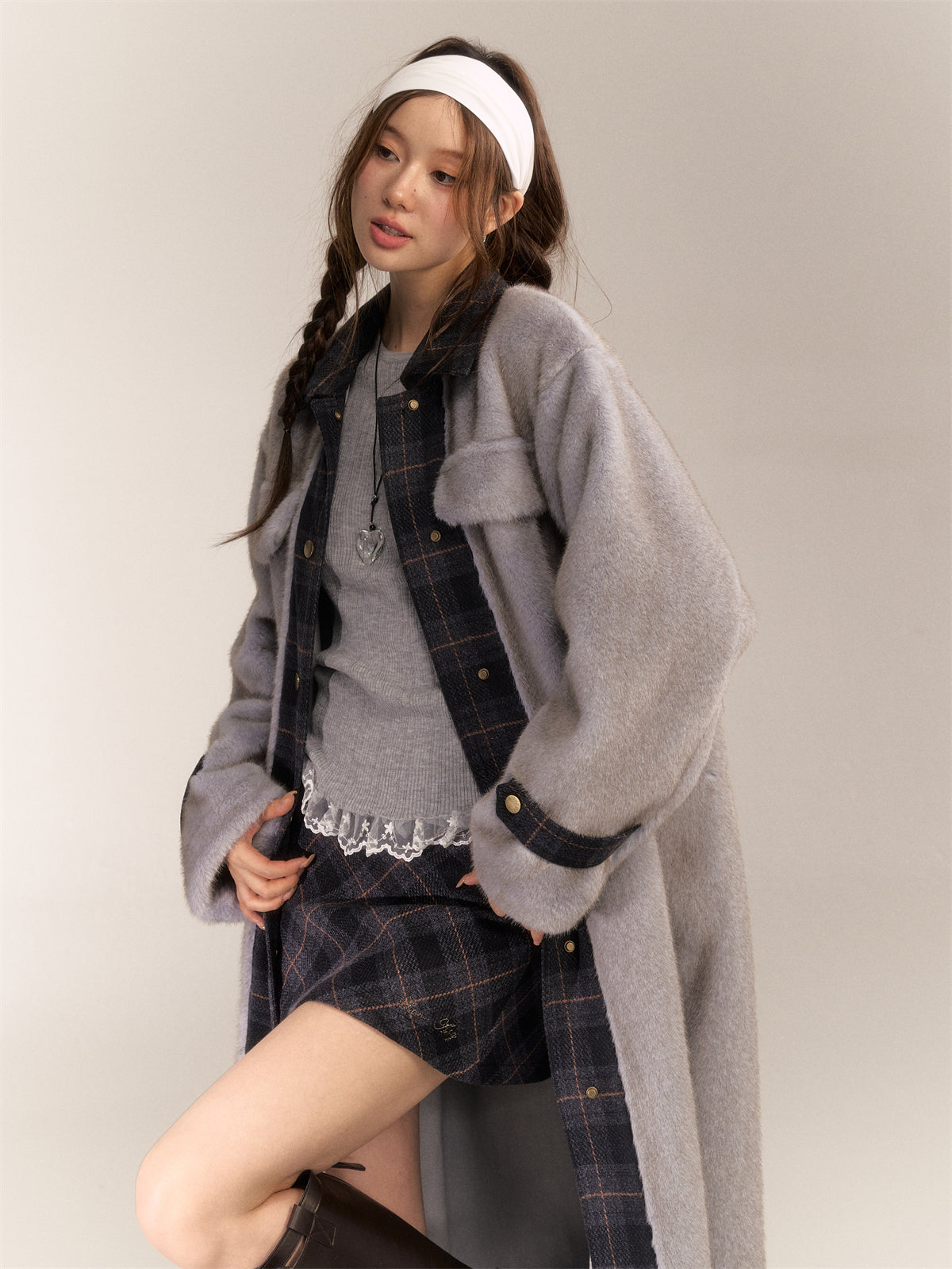 AsGony ASG24646 Plaid patchwork wool long coat