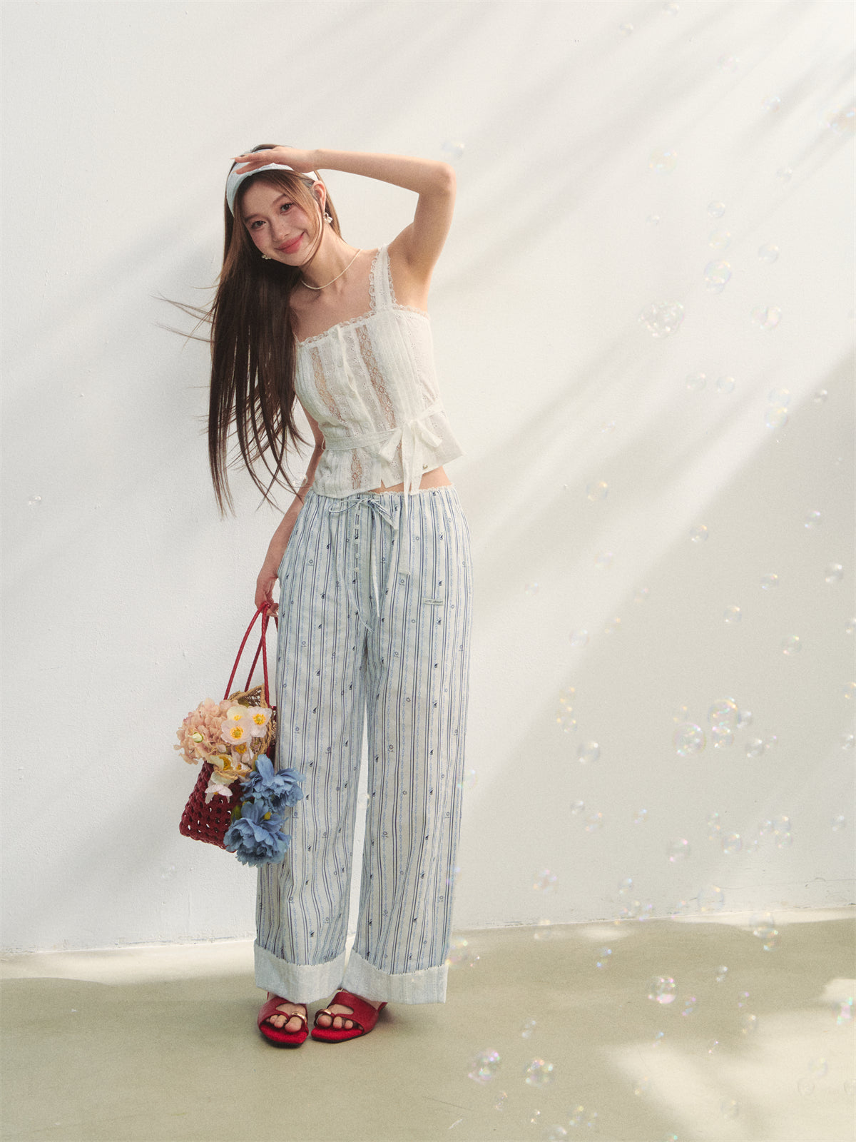 AsGony ASG25201 Striped printed patchwork embroidered lace pants