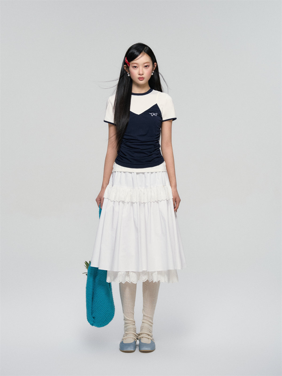 AsGony ASG25063 Color blocking strap style fake two-piece T-shirt