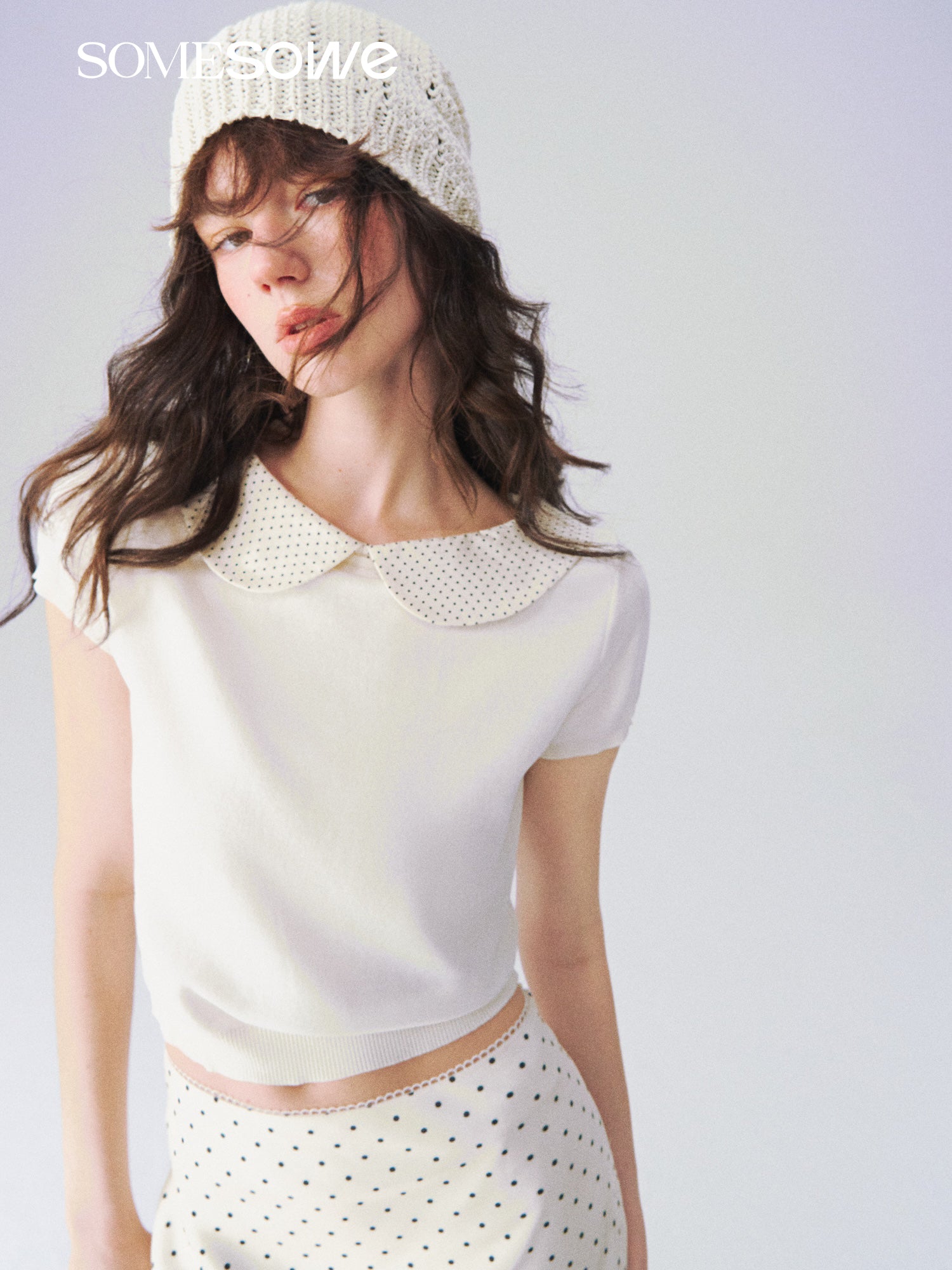 SOMESOWE S2609097 Doll collar patchwork knitted short sleeved shirt
