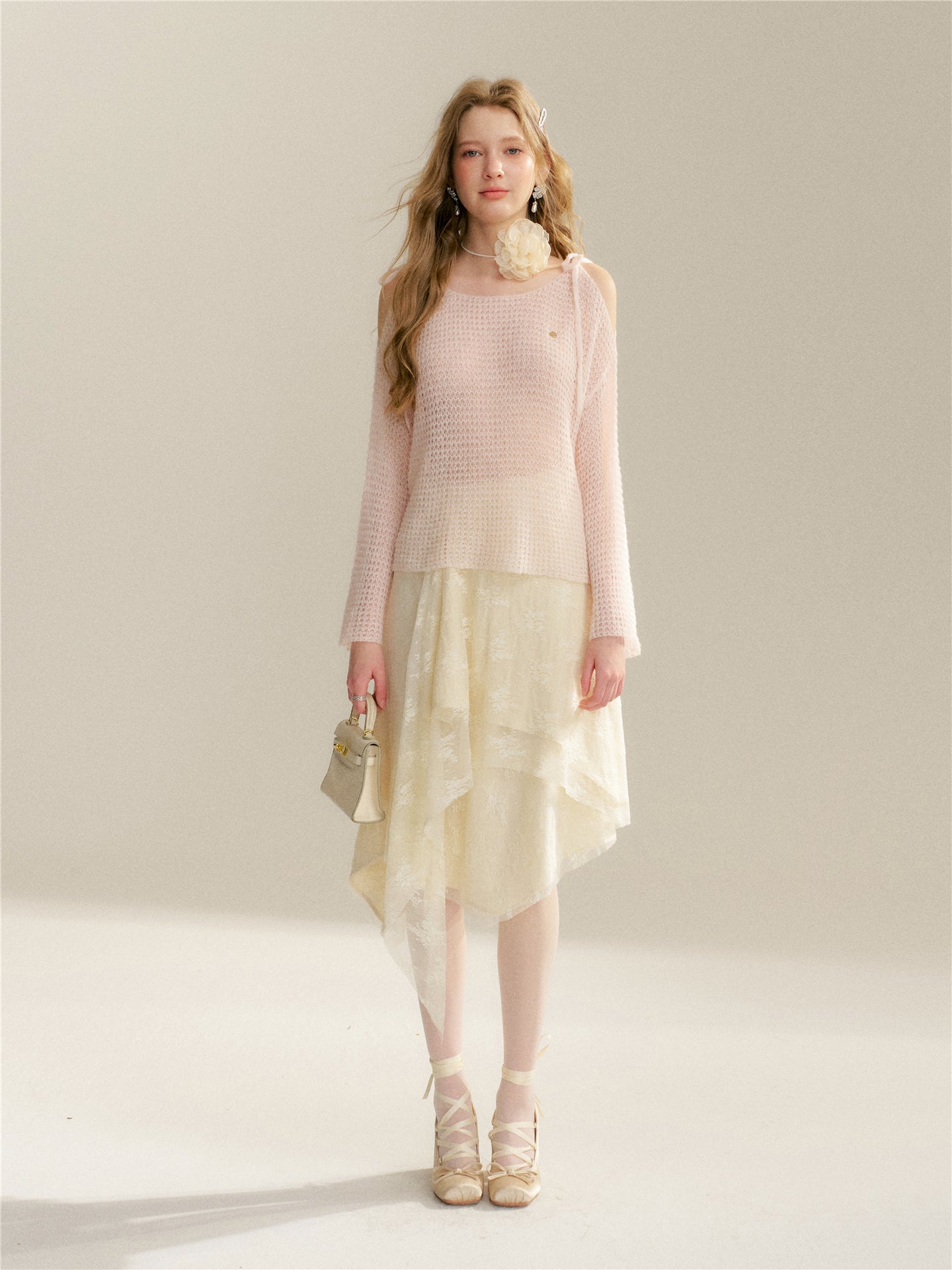 16DEWS 16D26048&16D26049 Hollow out woolen lace up off shoulder knitted sweater + skirt set