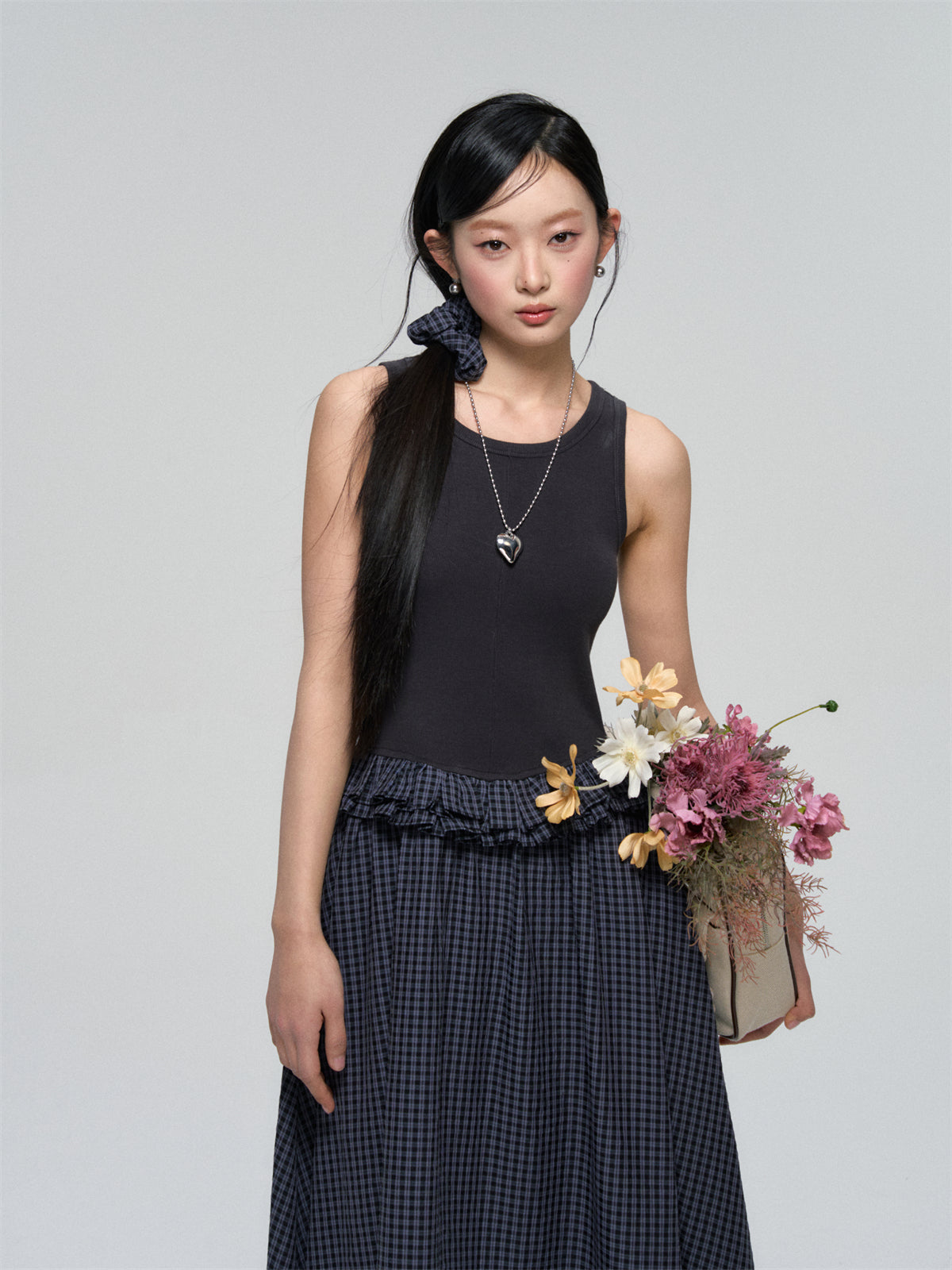 AsGony ASG25093 Color blocking plaid sleeveless dress