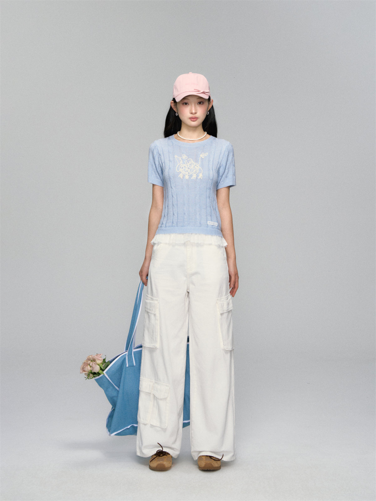 AsGony ASG25146 Puppy embroidered patchwork lace knit top (2color)