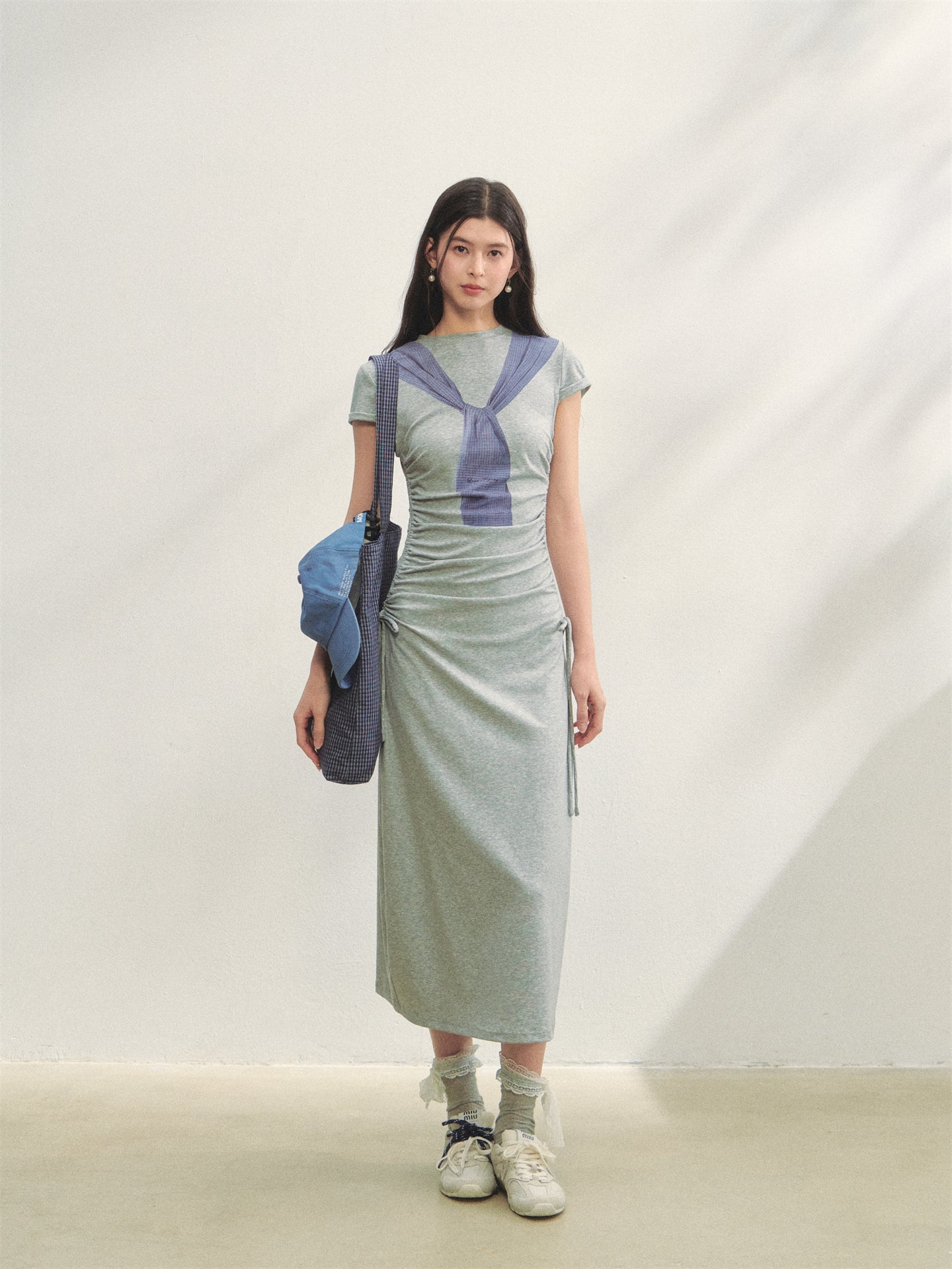 AsGony ASG25261 Printed strap waist cinching knitted dress (2color)