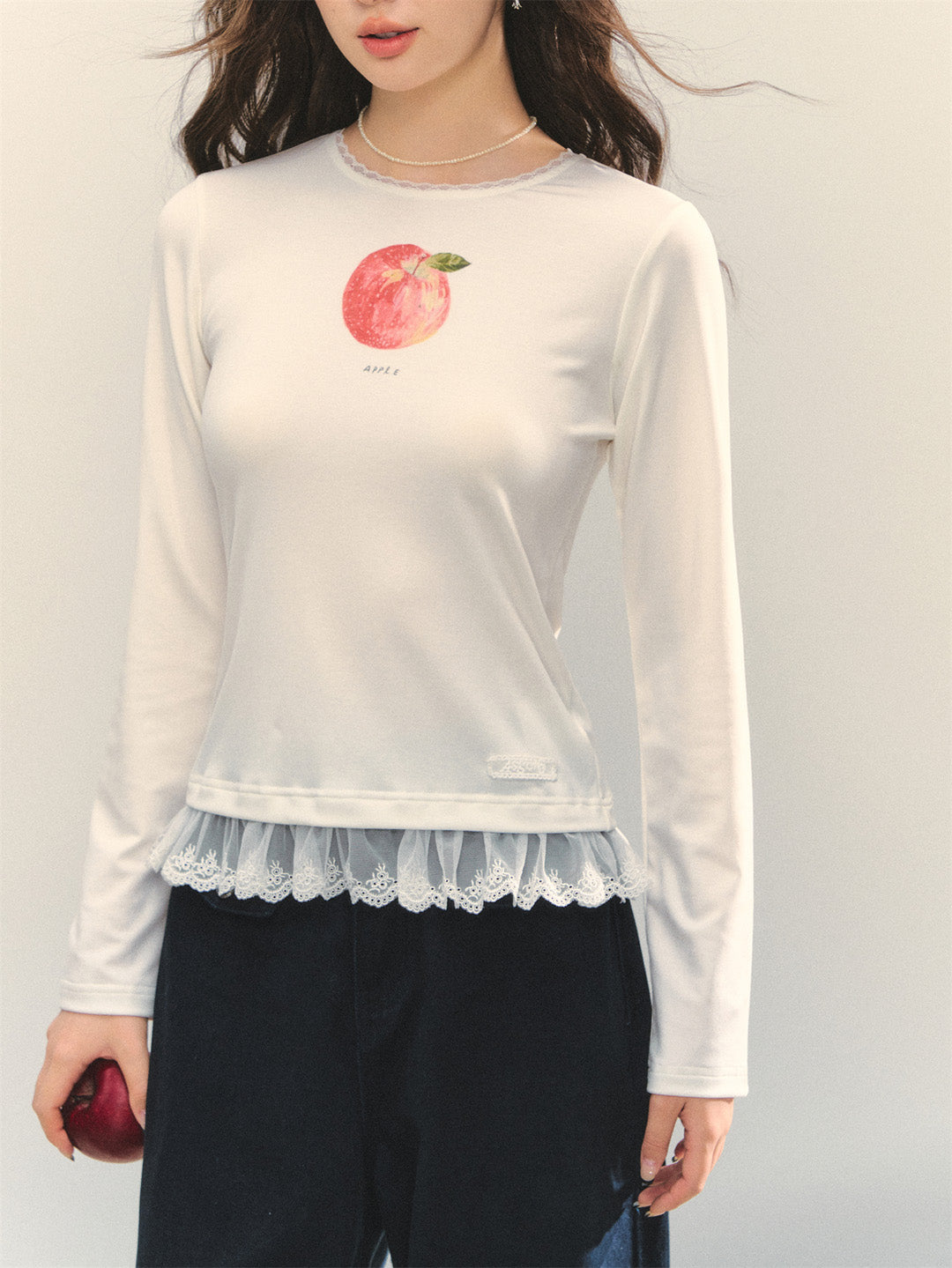 AsGony ASG25321 Round neck fruit print lace patchwork base top