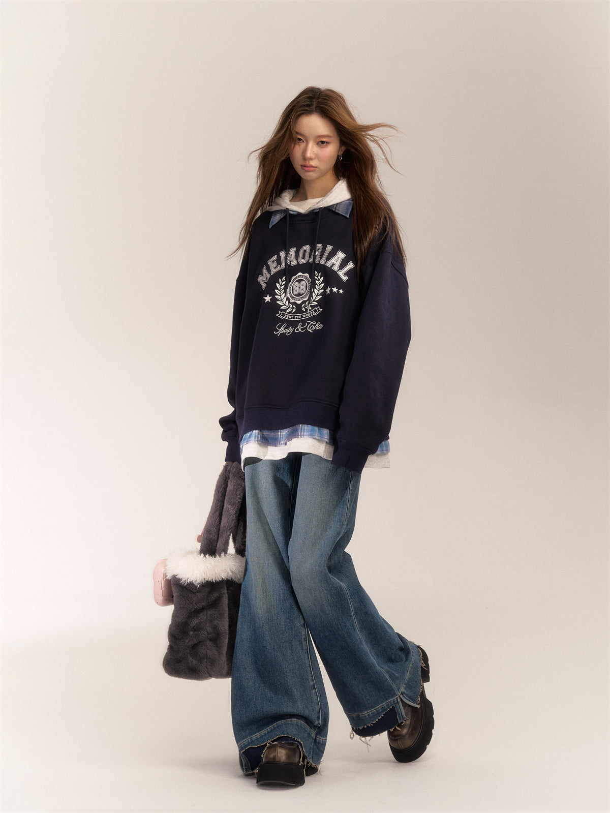 AsGony ASG24643 Vintage patchwork plaid hoodie