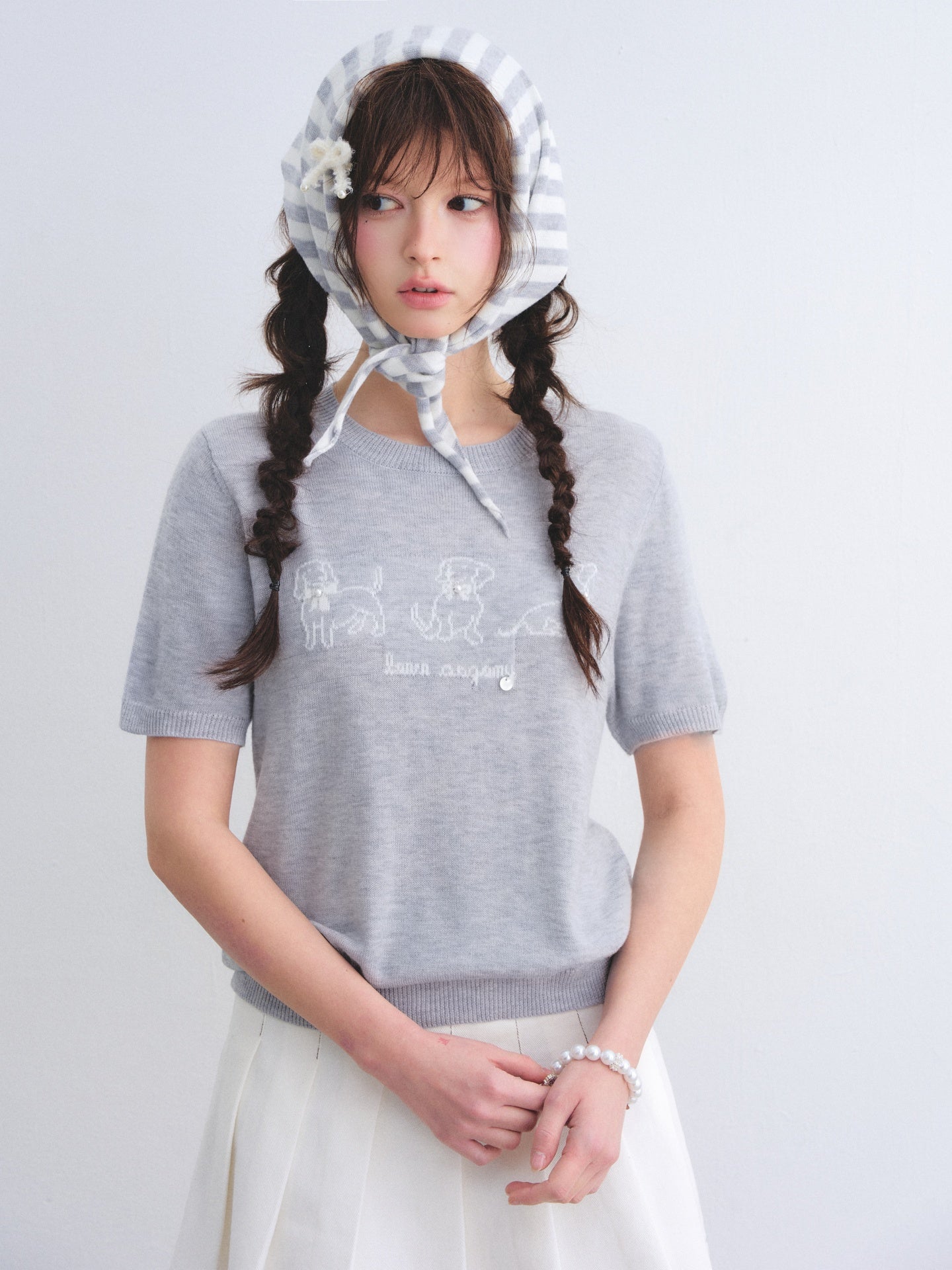 AsGony ASG26008 Wool puppy jacquard round neck striped shawl two-piece set