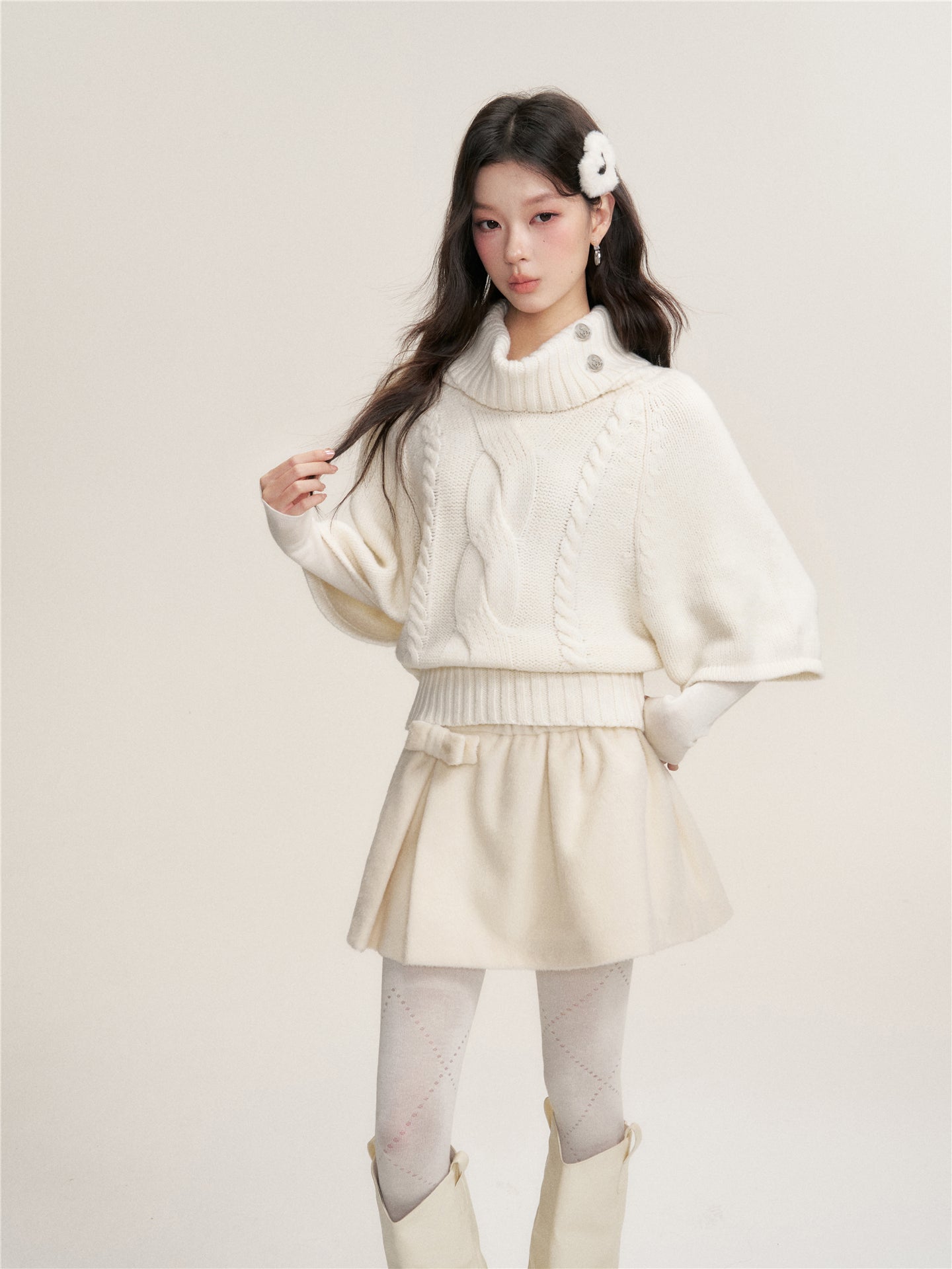 16DEWS 16D25443&16D25444 Texture knitted cape pullover sweater + skirt set