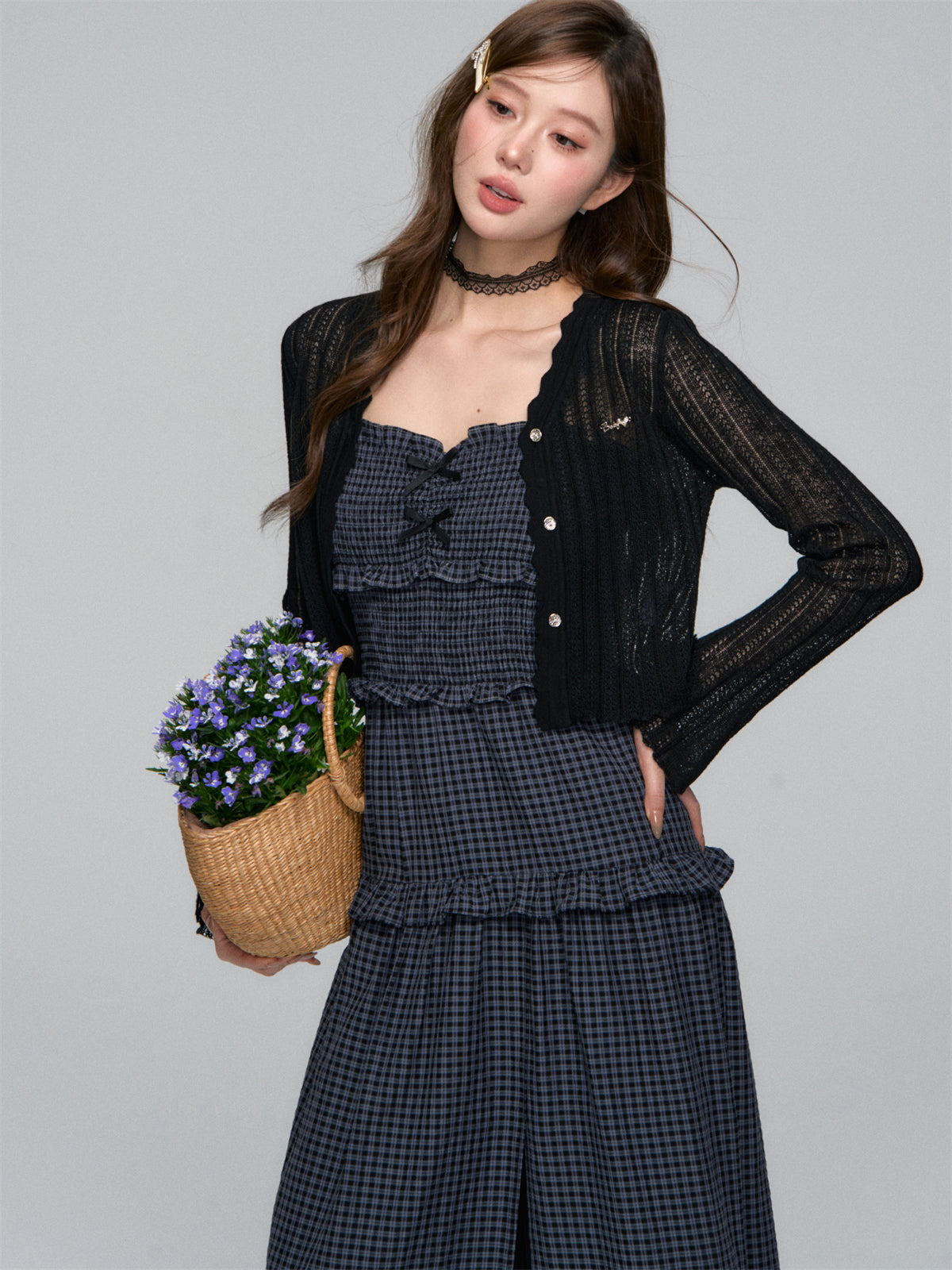 AsGony ASG25107 Plaid patchwork lace slit camisole dress