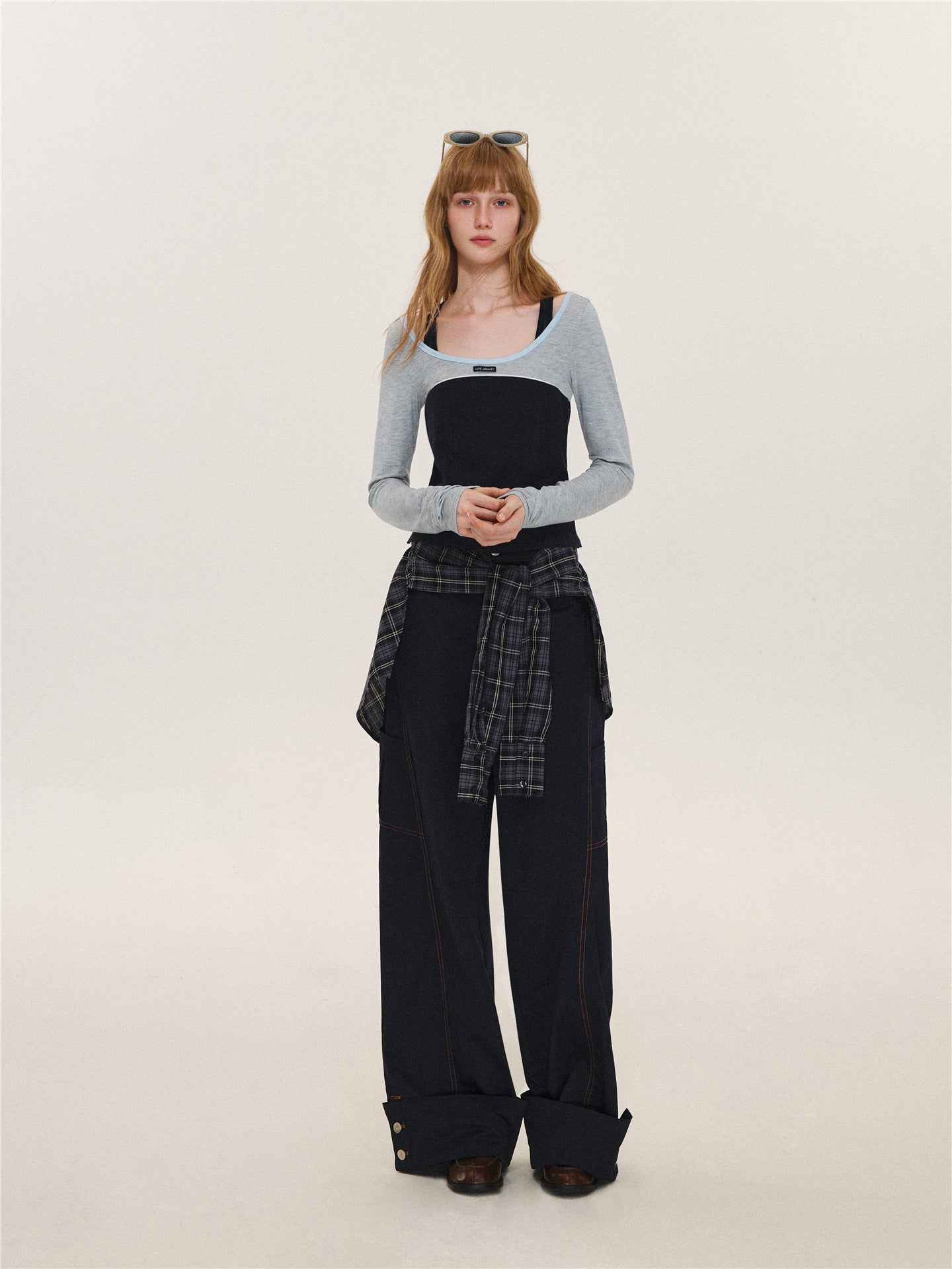 Asgony ASG26580 Relaxed-Fit Plaid Cargo Pants with Overskirt