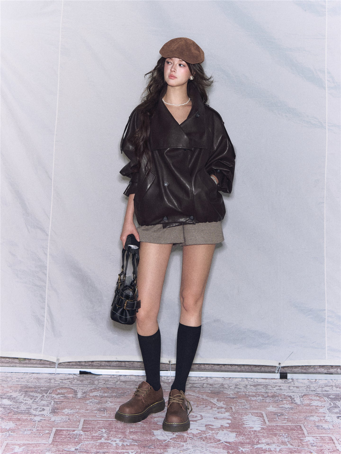 Asgony ASG26542 Oversized Collar Double-Breasted Leather Jacket