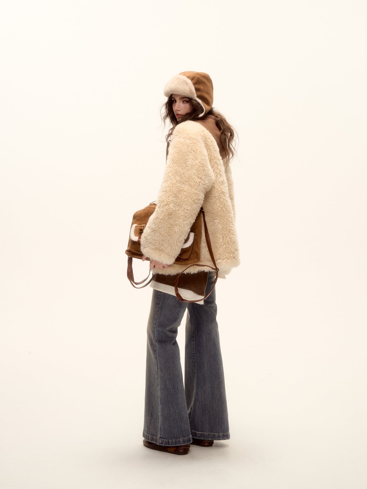 AsGony ASG25487 Hooded sweatshirt with patchwork fur and leather jacket