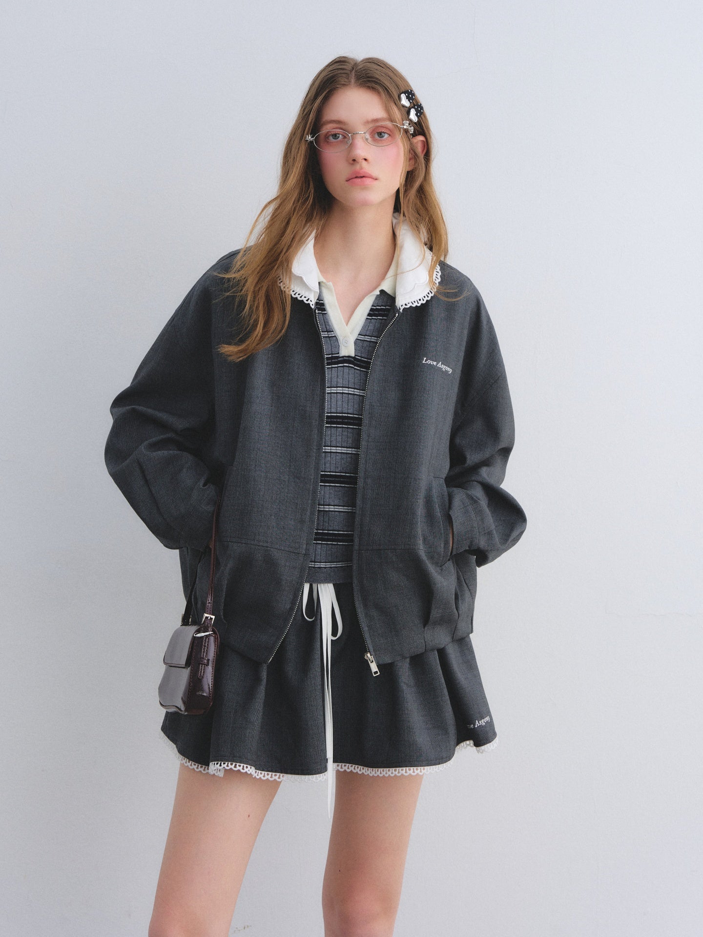 AsGony ASG25668&ASG25645 Lace collar decorative flower bud jacket + short skirt set