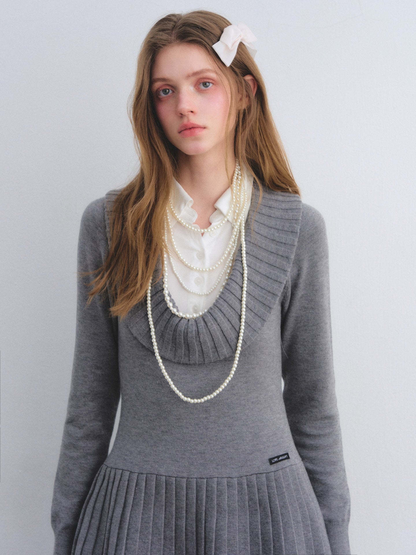 AsGony ASG25682 Fake two-piece collared pleated dress