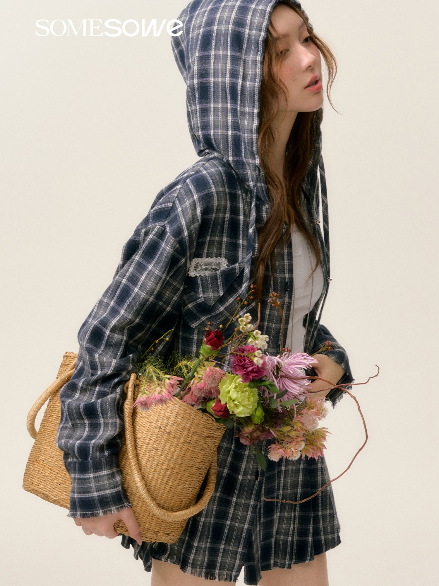 SOMESOWE S2508025&S2508026 Plaid hooded shirt + shorts set(seperate)