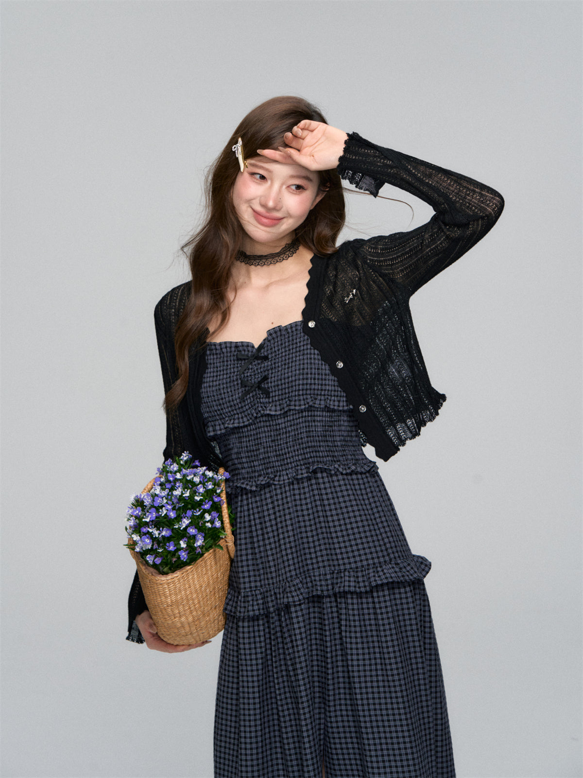AsGony ASG25107 Plaid patchwork lace slit camisole dress