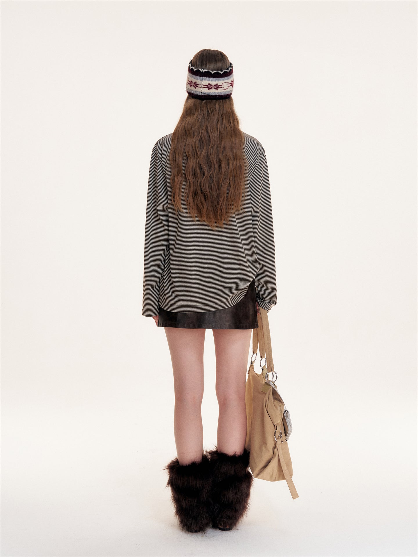 16DEWS 16D25403 Dog print double-layer collar design striped top