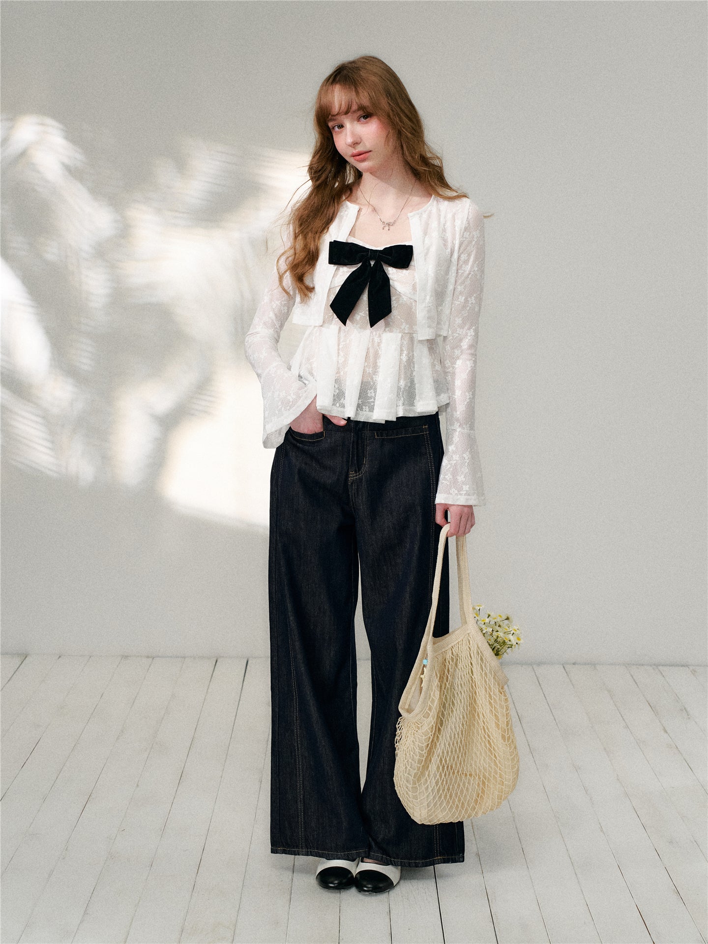 16DEWS 16D26105&16D26106 Lace jacquard flared sleeve cardigan + camisole