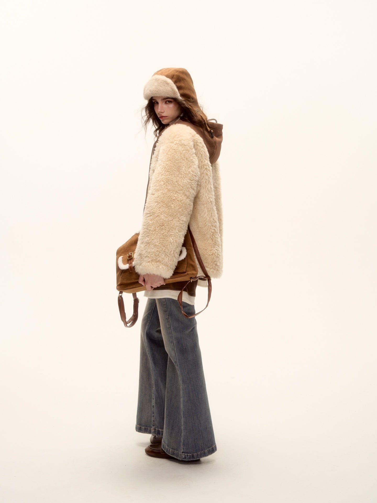AsGony ASG25487 Hooded sweatshirt with patchwork fur and leather jacket