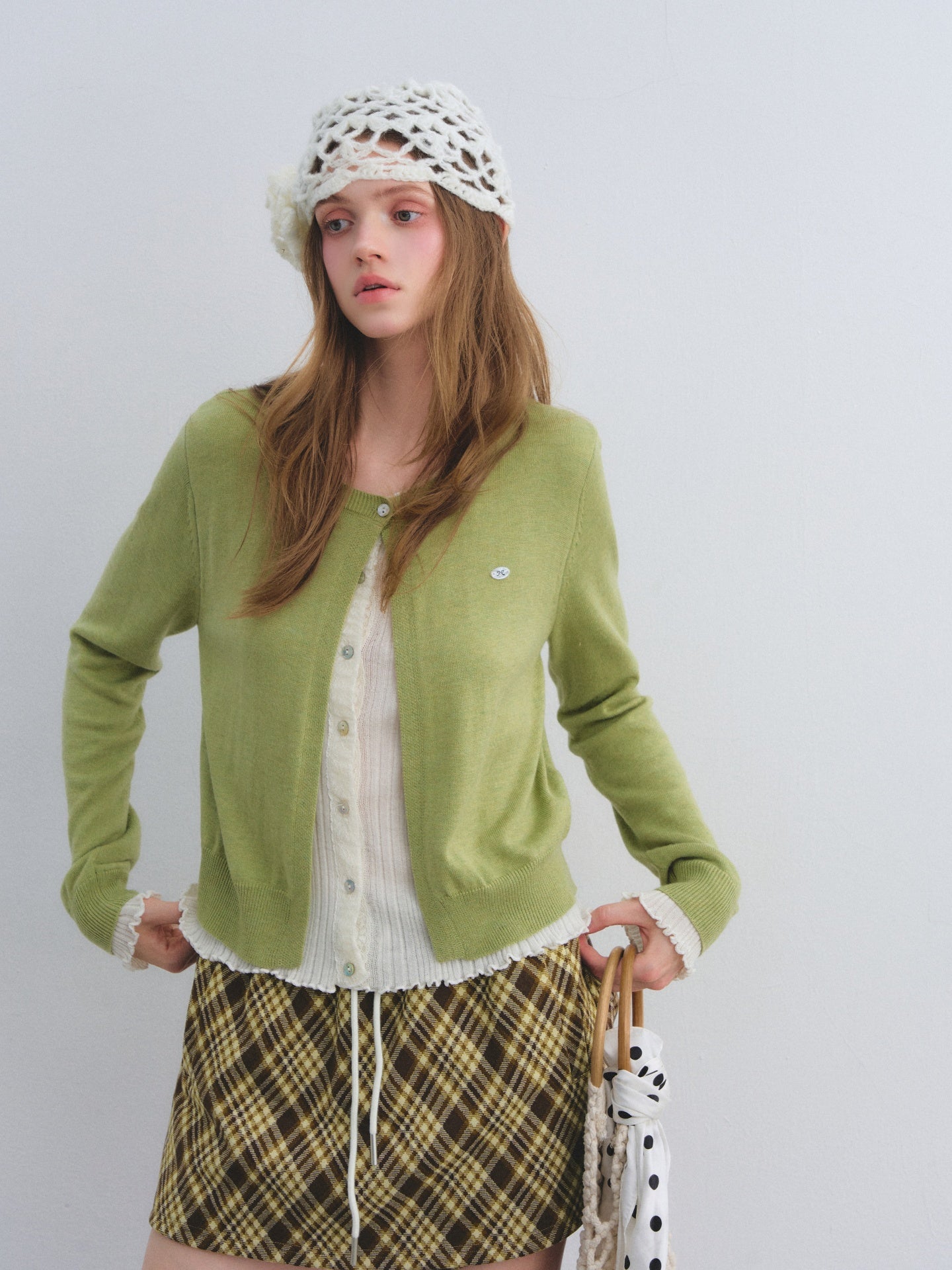 AsGony ASG25409 Color-blocking faux two-piece knit cardigan