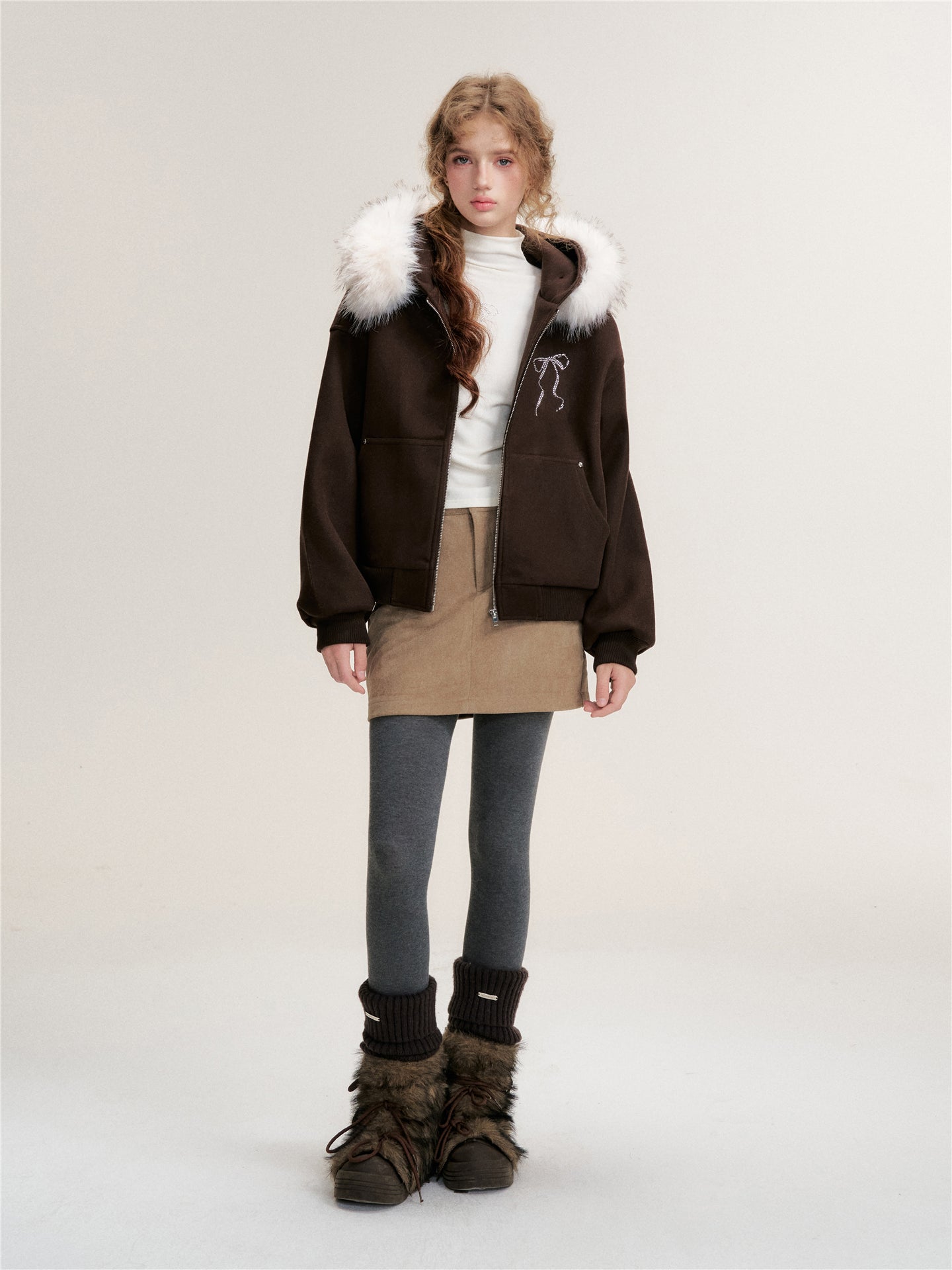 16DEWS 16D25487 Detachable faux fur collar woolen sweatshirt jacket