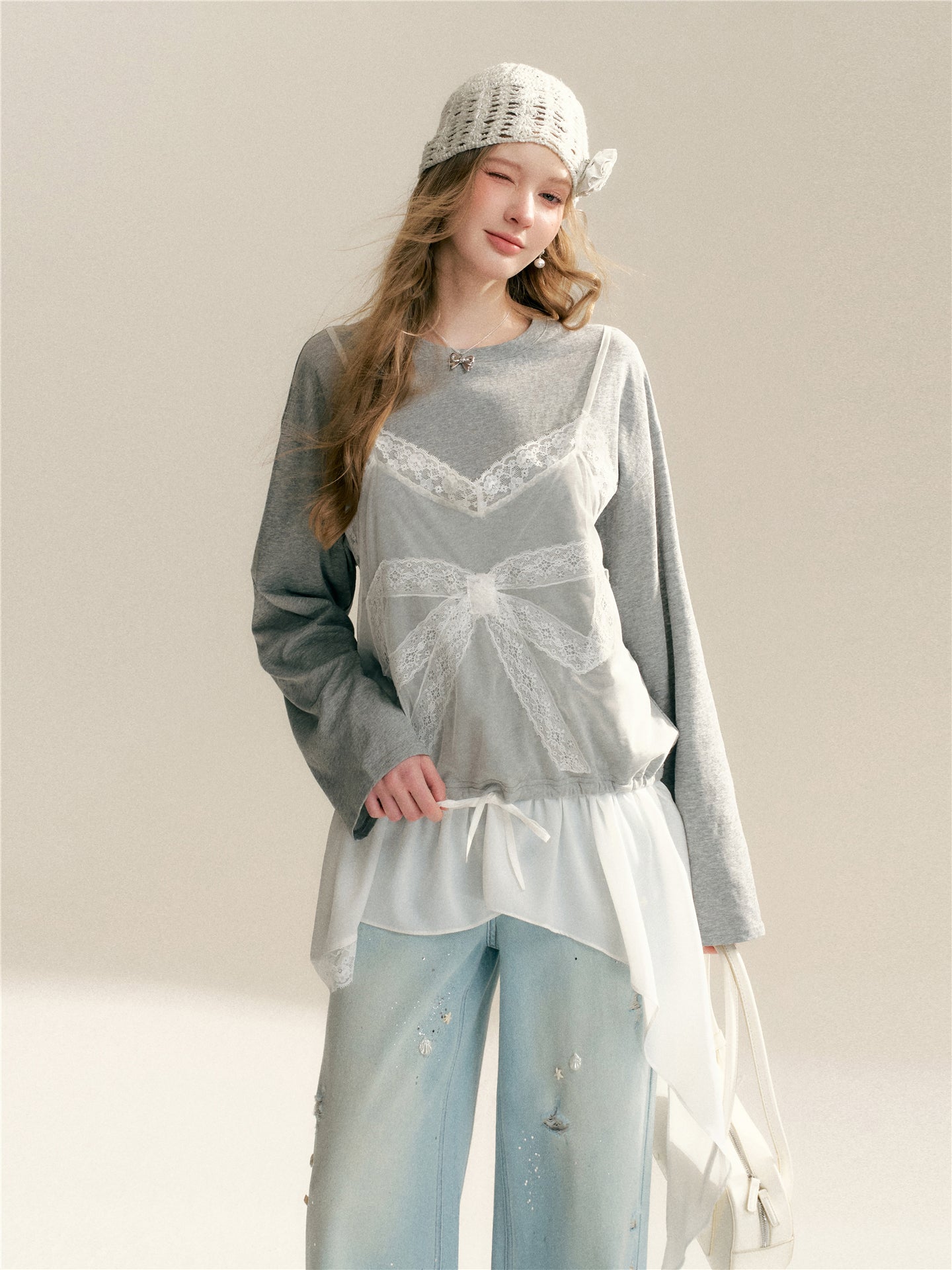 16DEWS 16D26062 Lace Splicing Fake Two Piece Irregular T-shirts