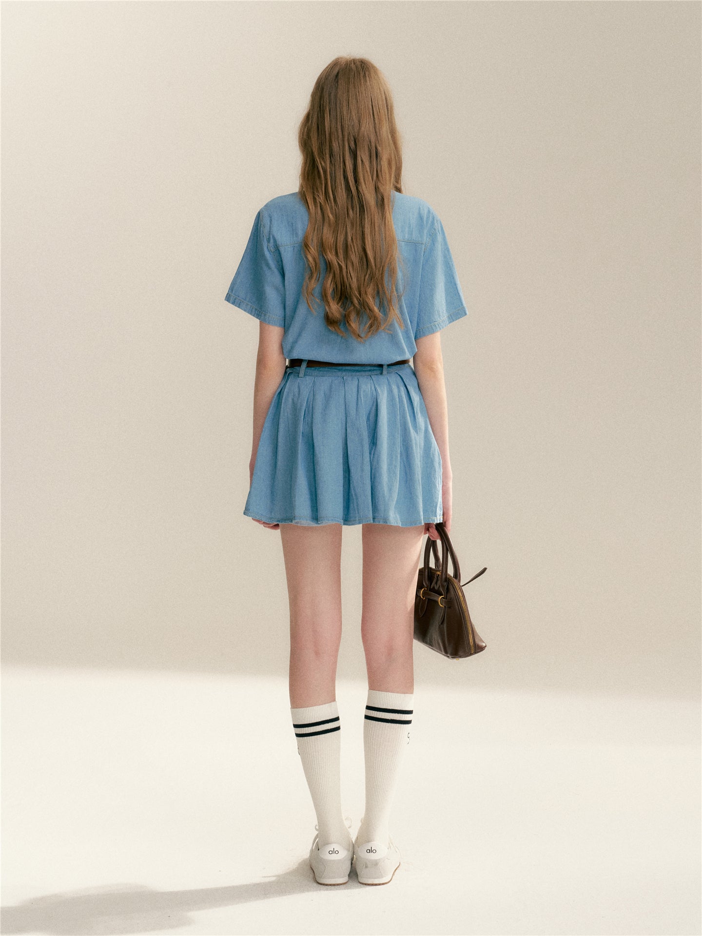 16DEWS 16D24084 Soft denim short sleeved shirt + skirt set