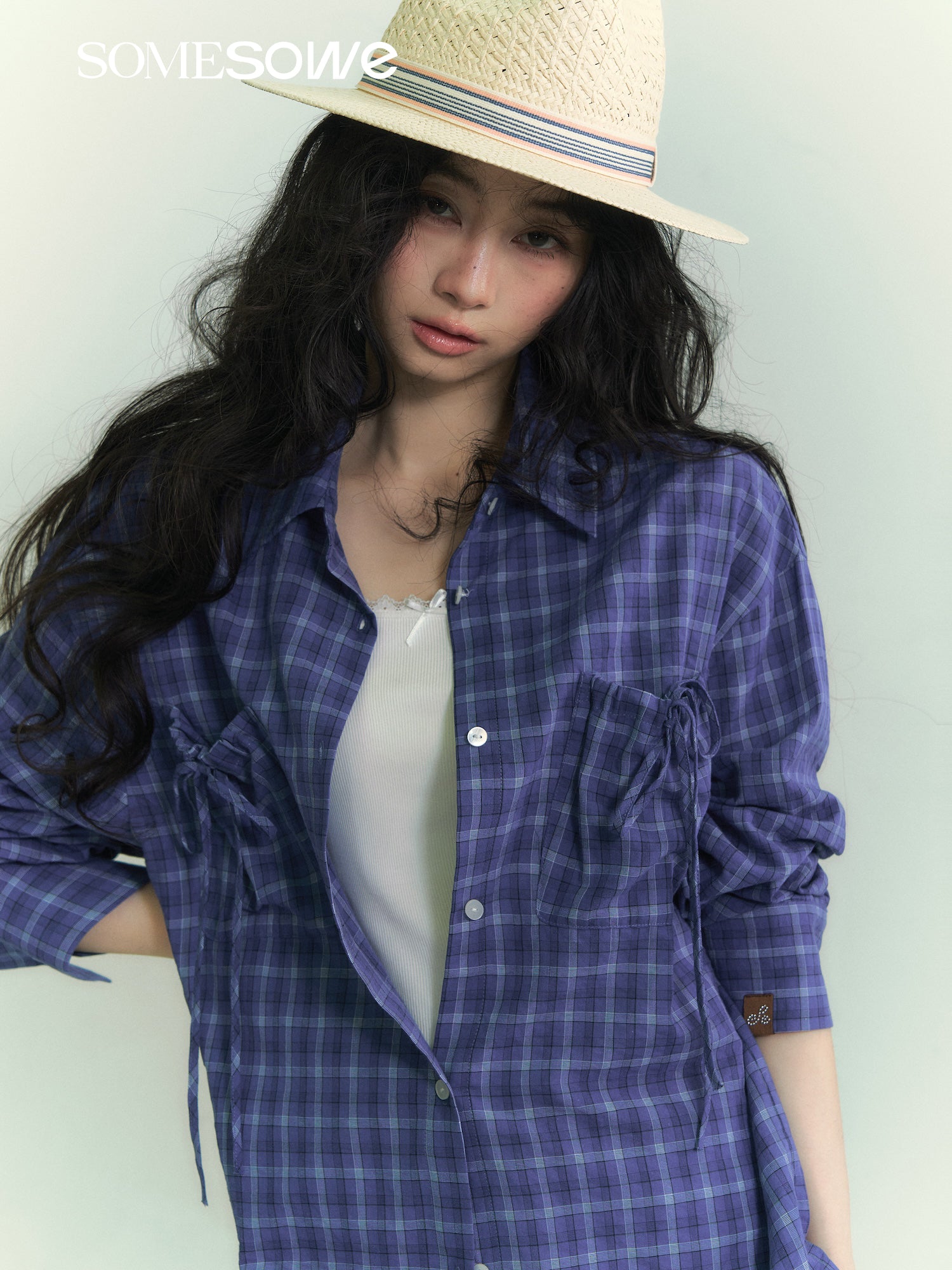 SOMESOWE S2609071 Drawstring pocket plaid shirt