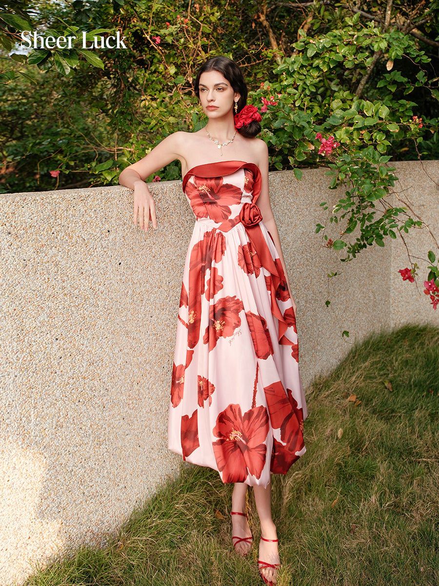 SHEERLUCK SLLYQ26313 Satin printed holiday style floral bud dress