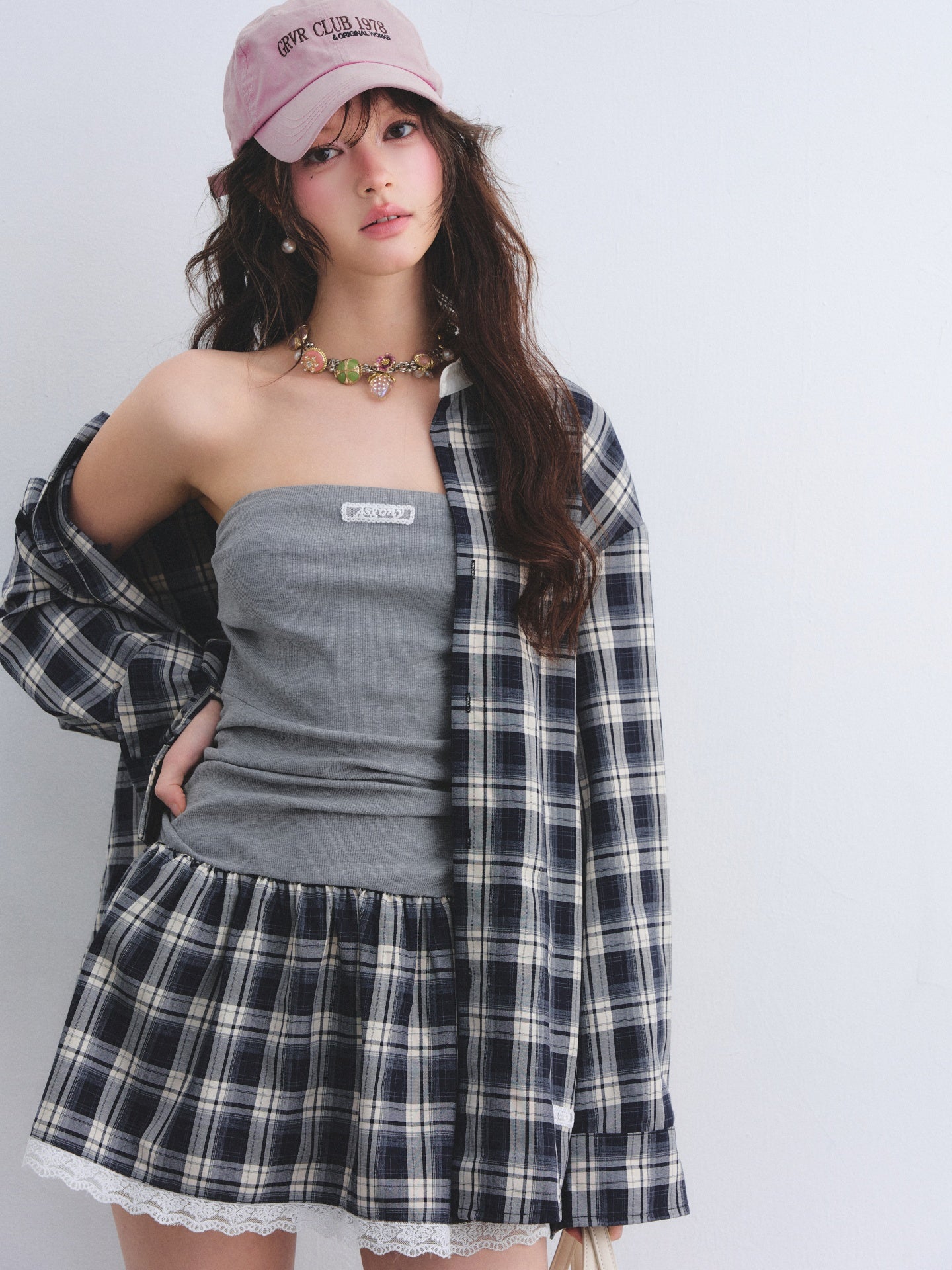 AsGony ASG26010&ASG26011 Strapless pleated plaid patchwork lace dress + shirt
