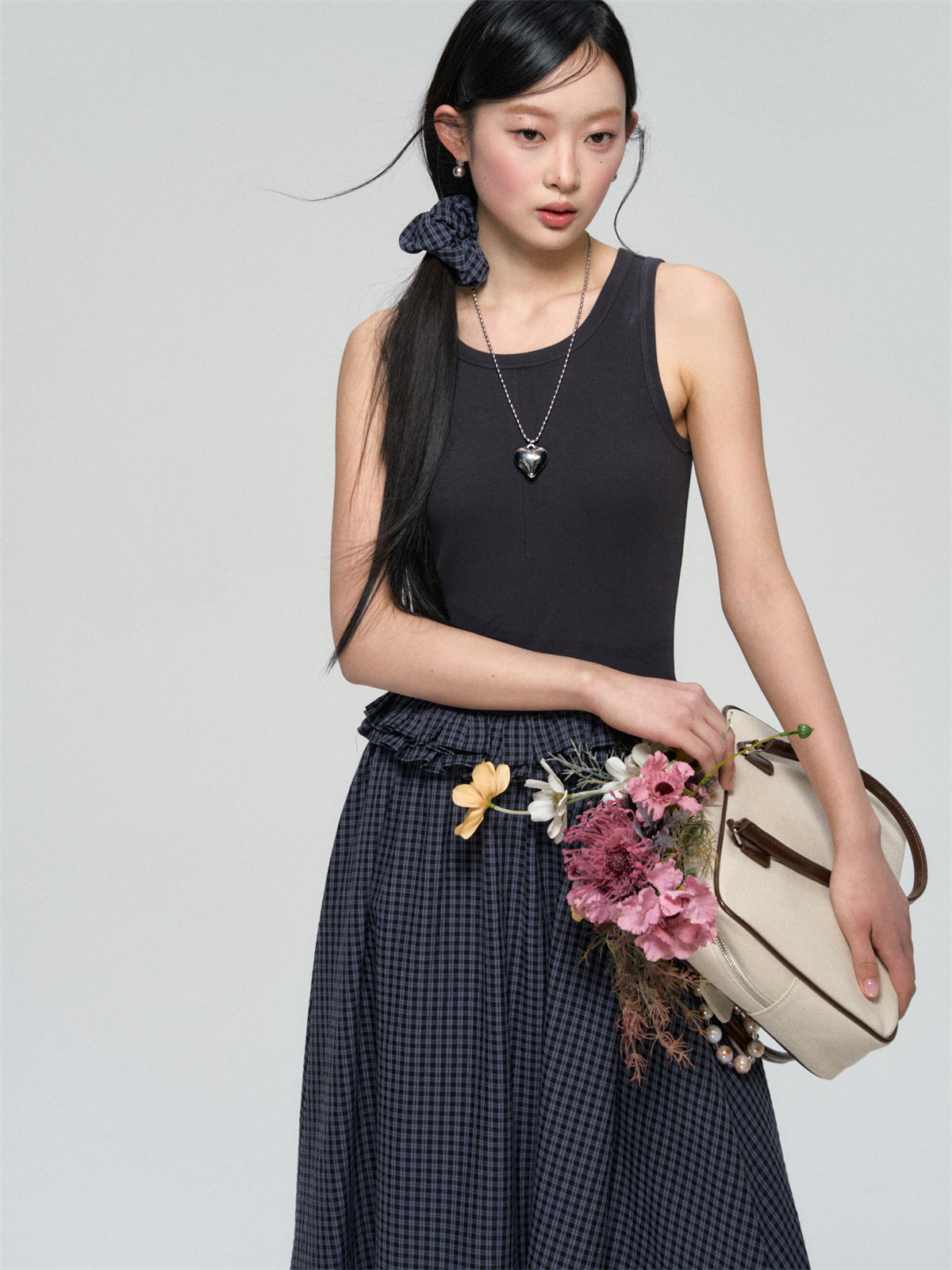 AsGony ASG25093 Color blocking plaid sleeveless dress