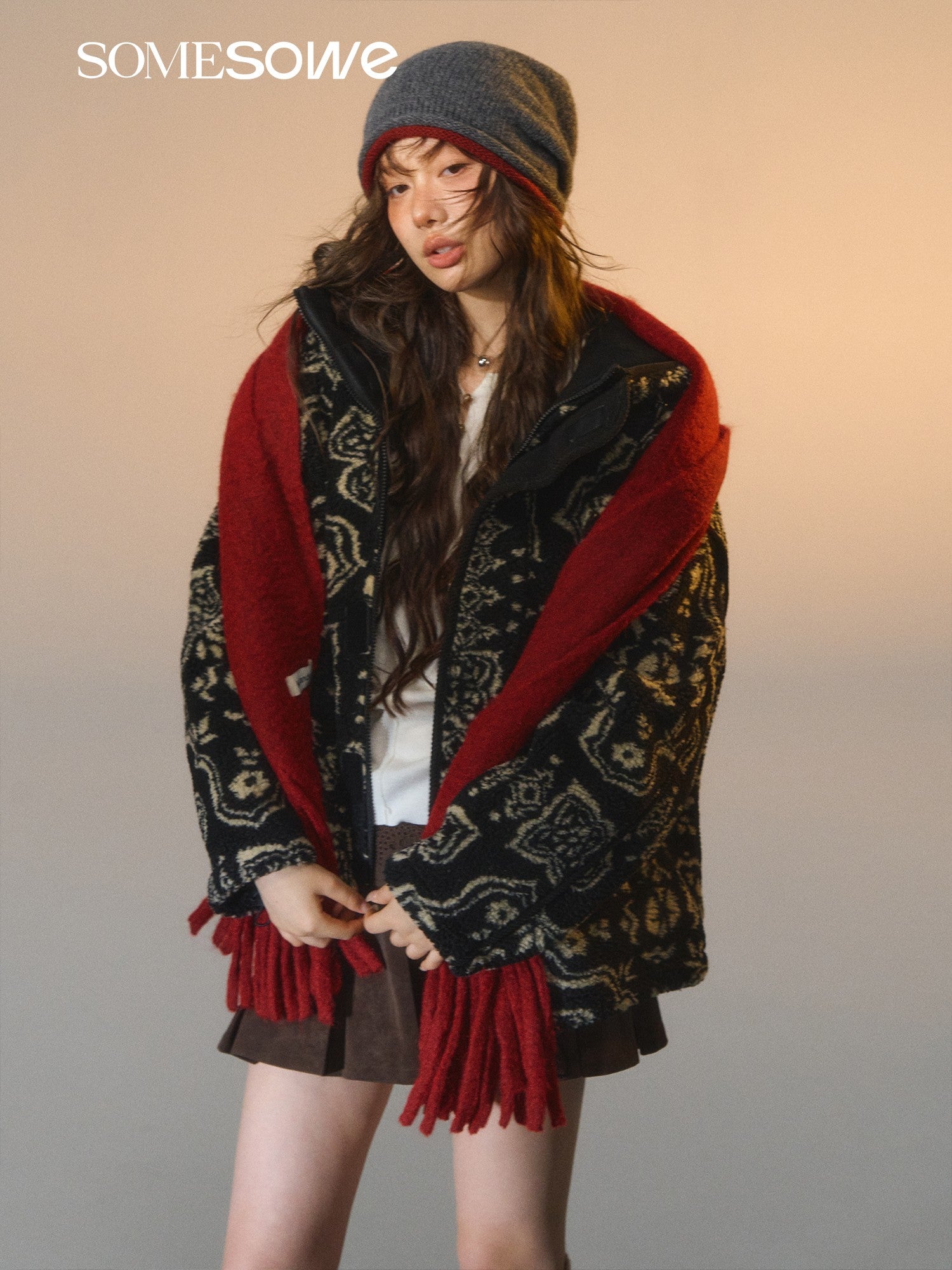 SOMESOWE S2508256 Jacquard fleece hooded casual jacket