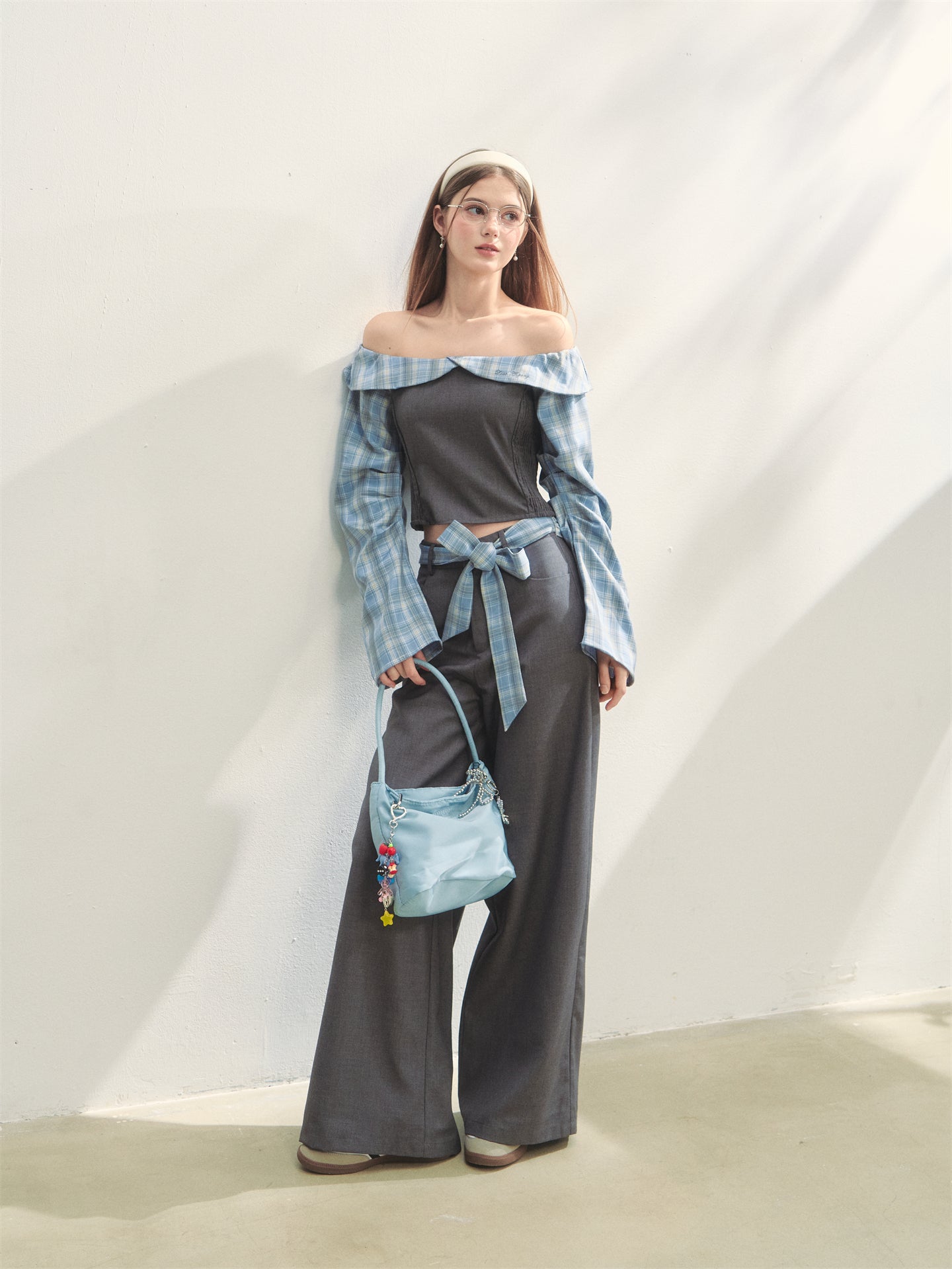 AsGony ASG25263&ASG25264 Plaid patchwork off-shoulder top + pants set