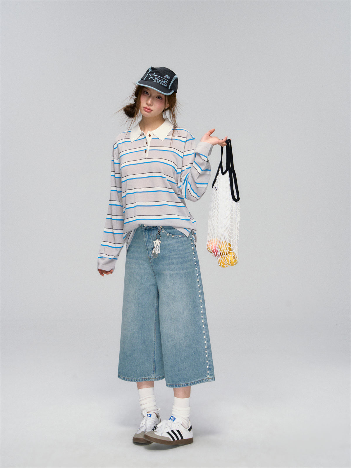 AsGony ASG25036 Striped polo collar loose knit top(2color)