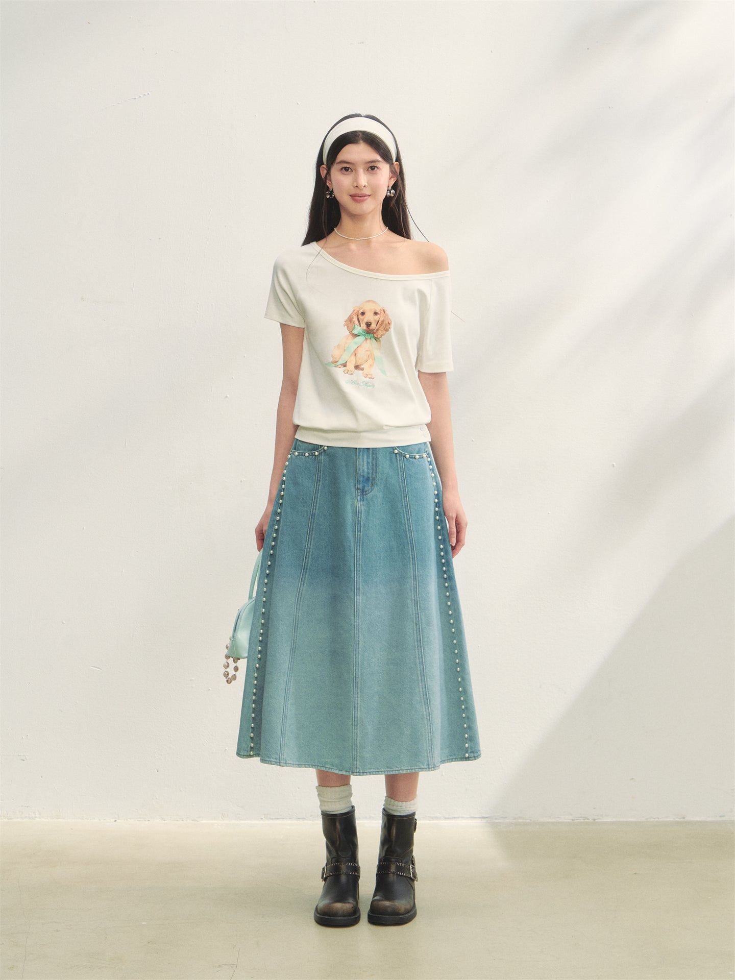 AsGony ASG25272 One shoulder bow dog short sleeved T-shirt (2color)