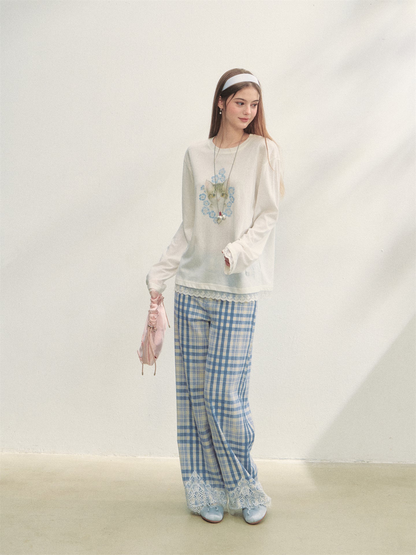 AsGony ASG25283 Plaid patchwork lace casual pants (2color)