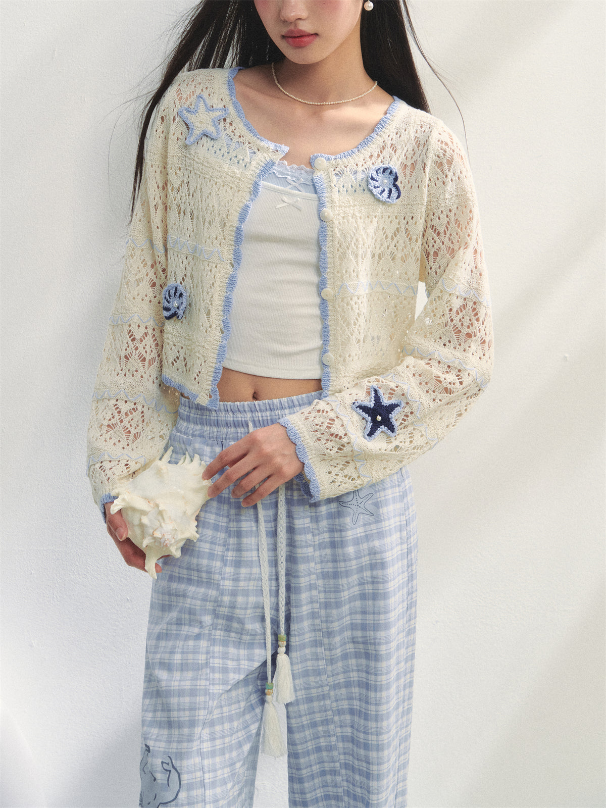 AsGony ASG25233 Ocean style hollow knitted pearl cardigan