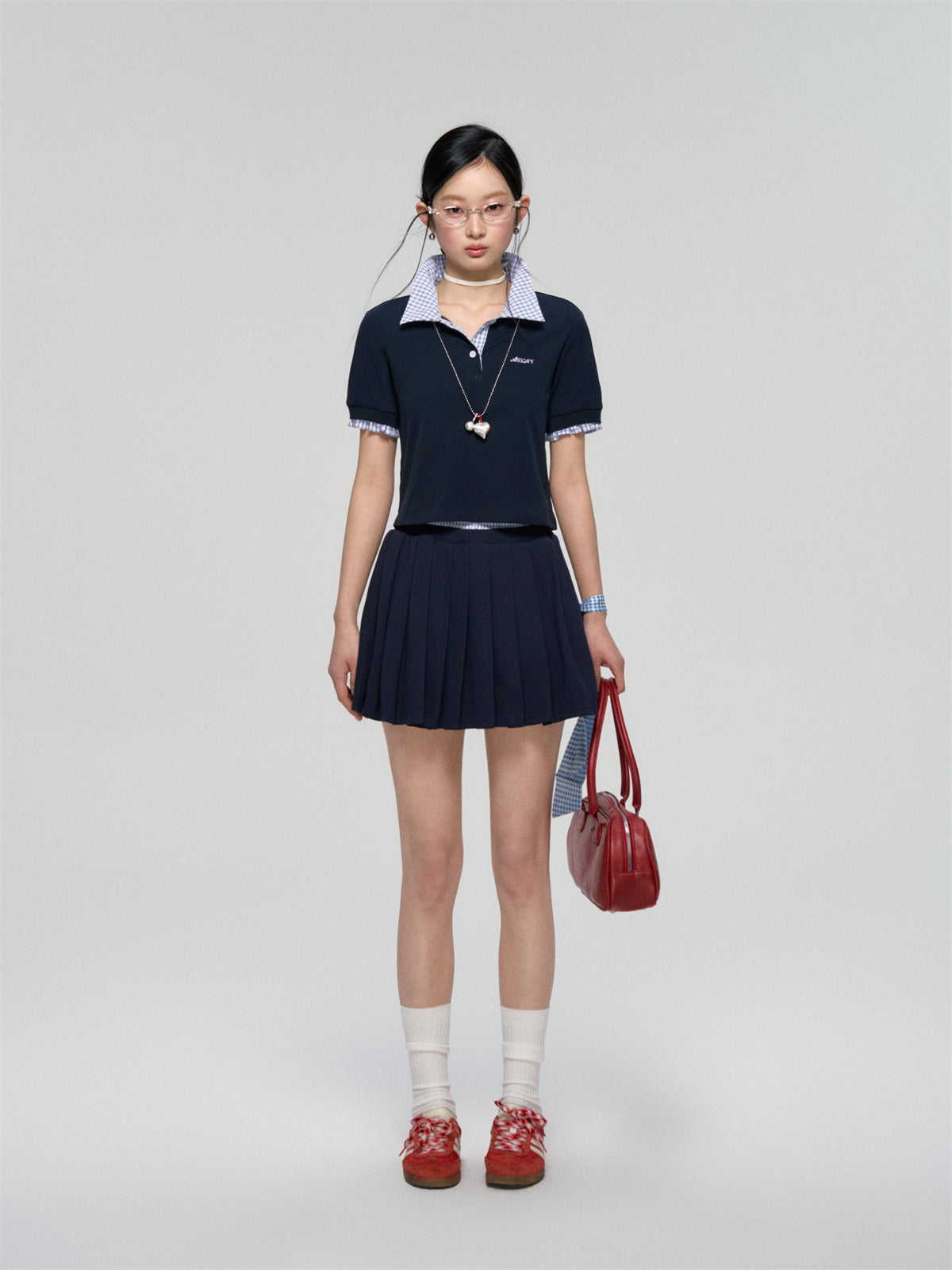 AsGony ASG25090 Embroidered plaid patchwork polo shirt