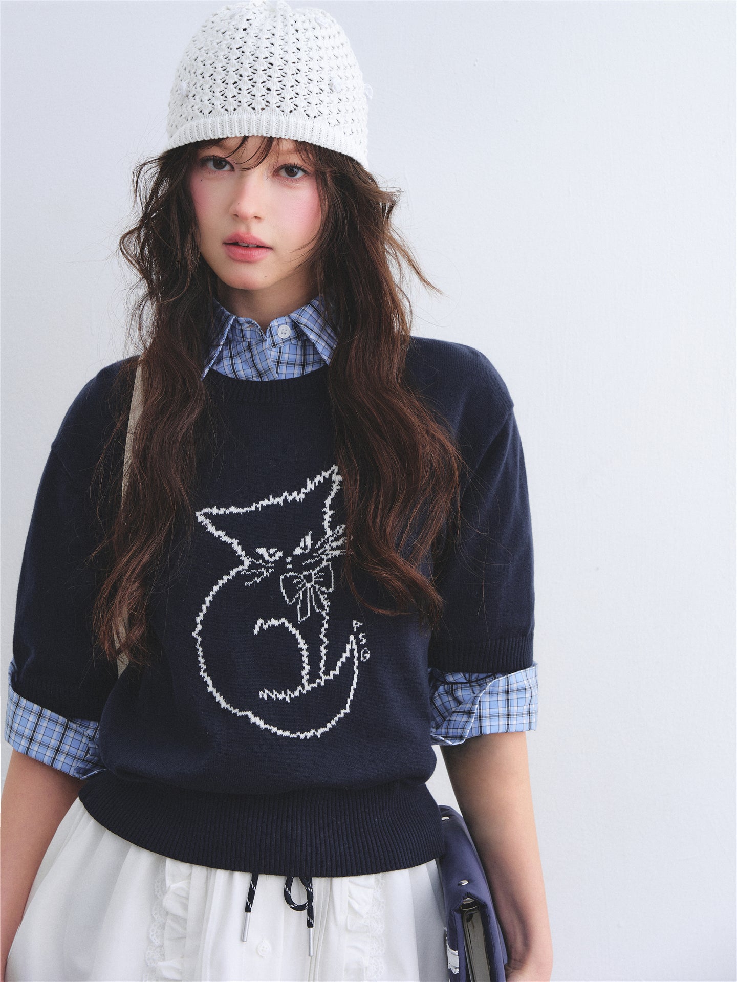 AsGony ASG26005 Round-neck jacquard cat print short-sleeved knit pullover