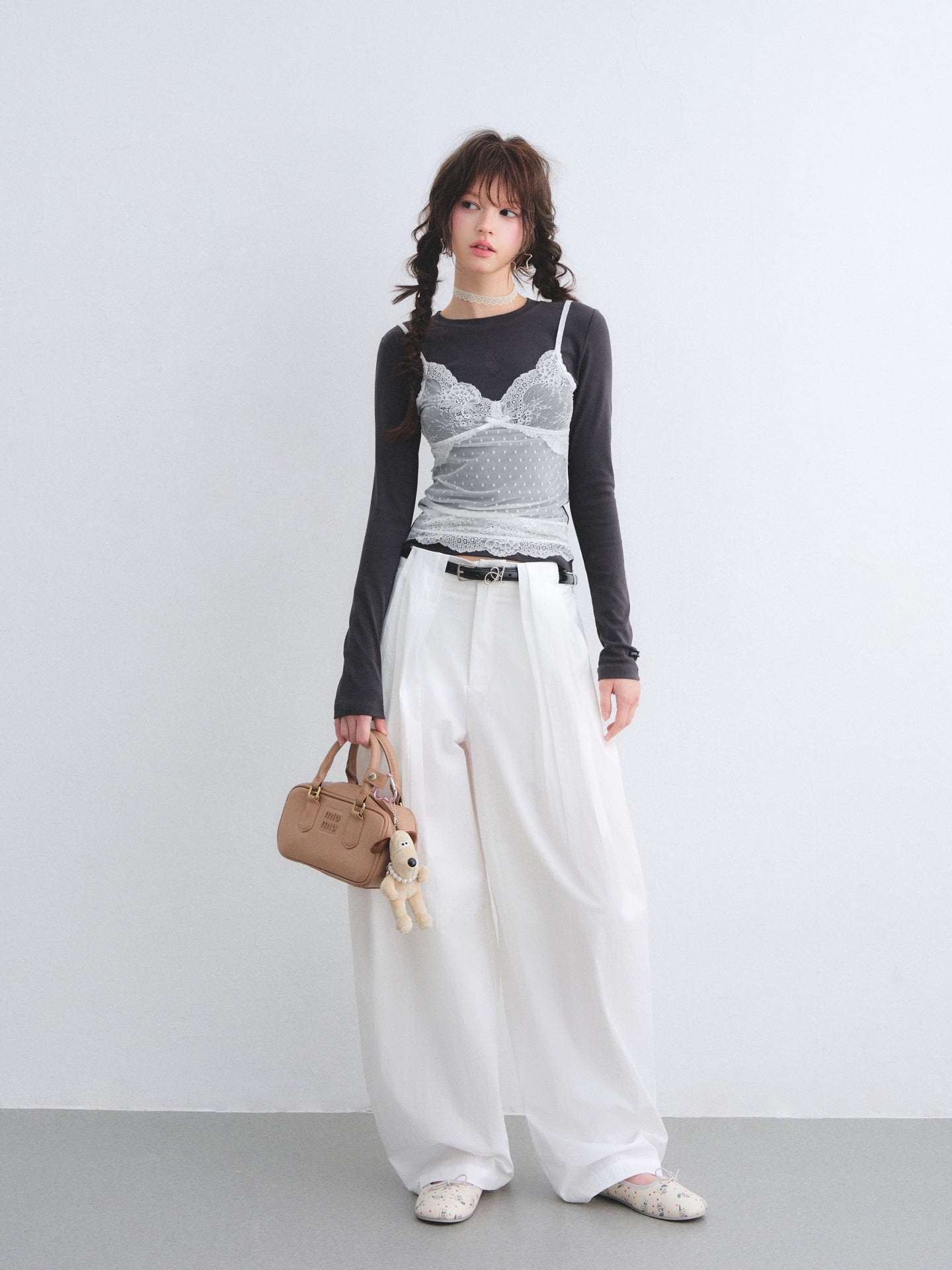 AsGony ASG26006 Pleated waist curved blade wide-leg suit pants