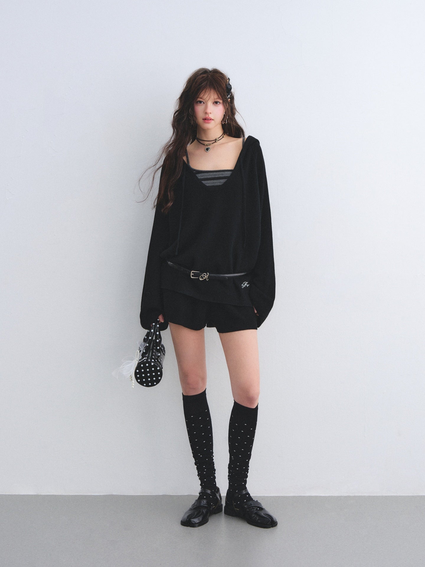AsGony ASG26030&ASG26031 Wool striped suspender hooded knitted two-piece set