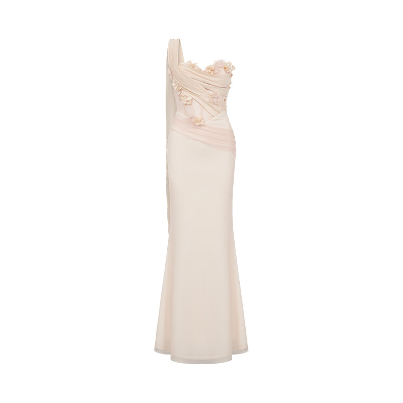 SHEERLUCK SLLYQ26406 3D floral ribbon strapless fishtail dress