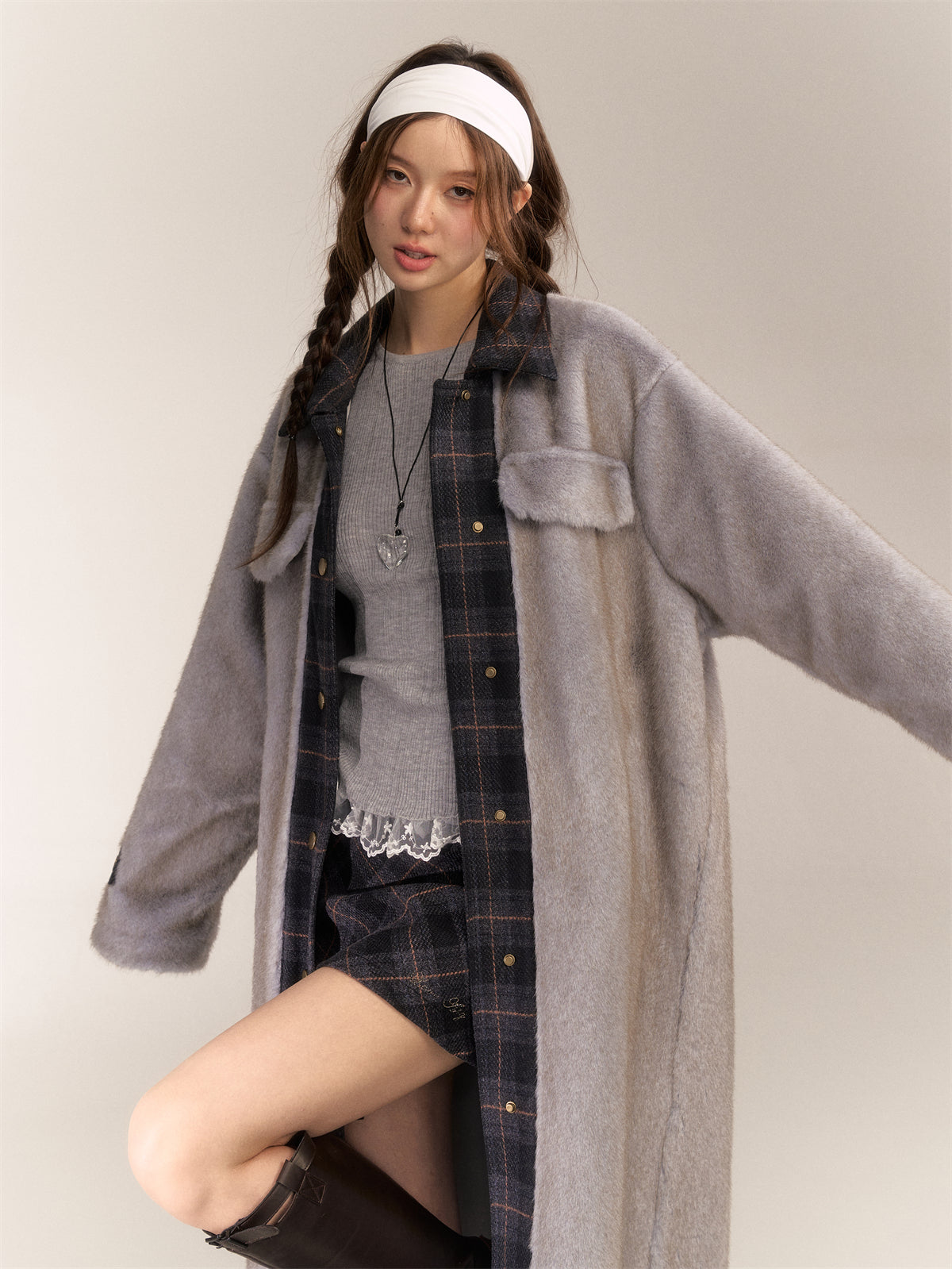 AsGony ASG24646 Plaid patchwork wool long coat