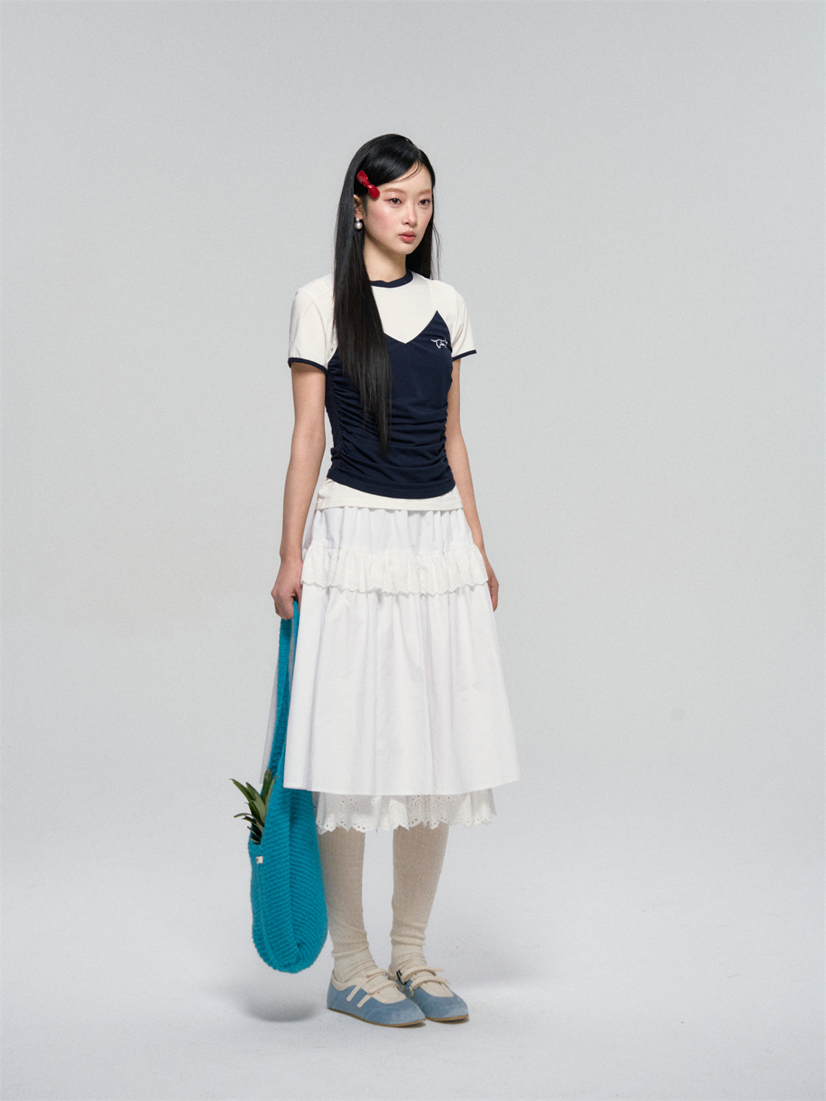 AsGony ASG25063 Color blocking strap style fake two-piece T-shirt